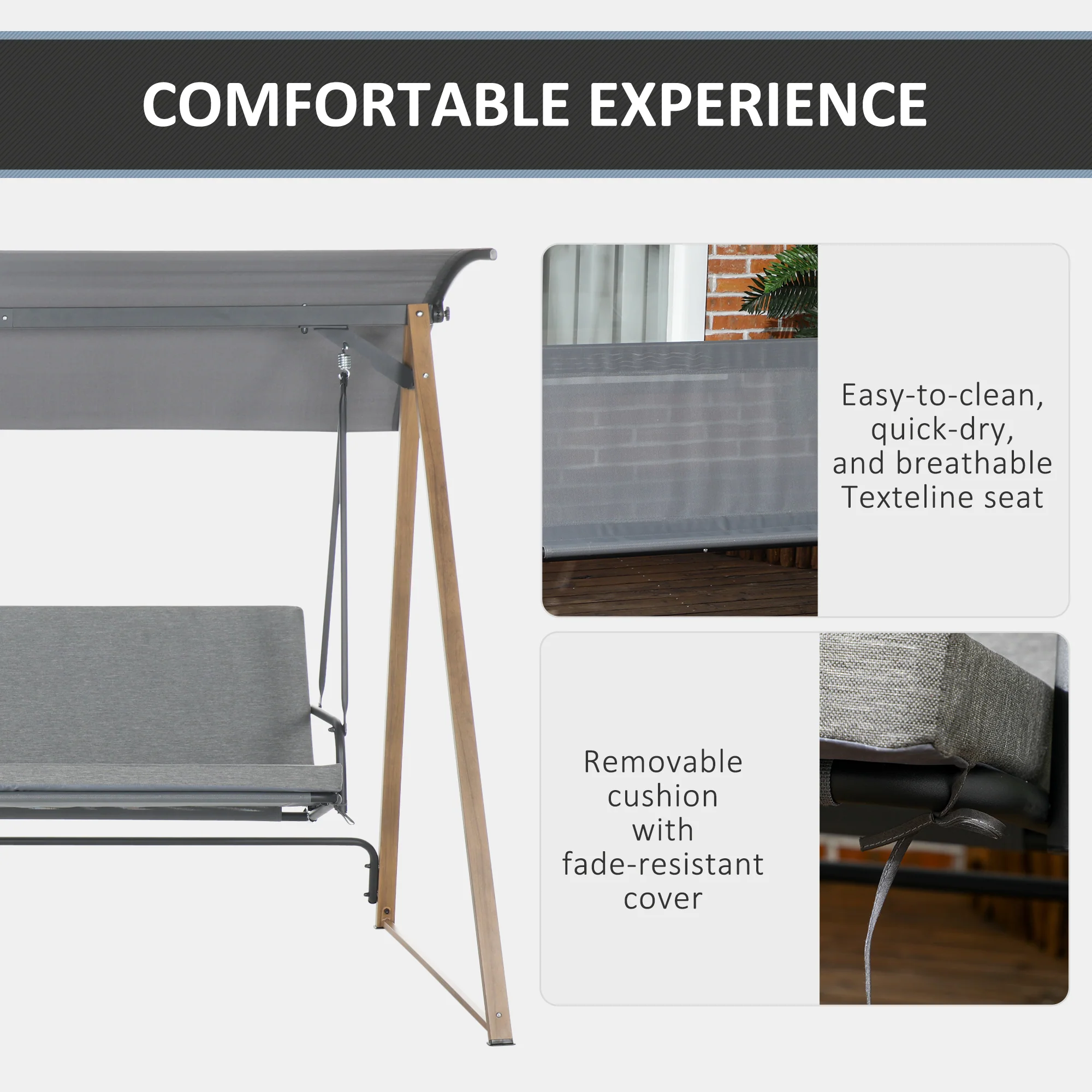 Outsunny 3 Seater Garden Swing Bench with Adjustable Canopy and Cushioned Seat - Image 5
