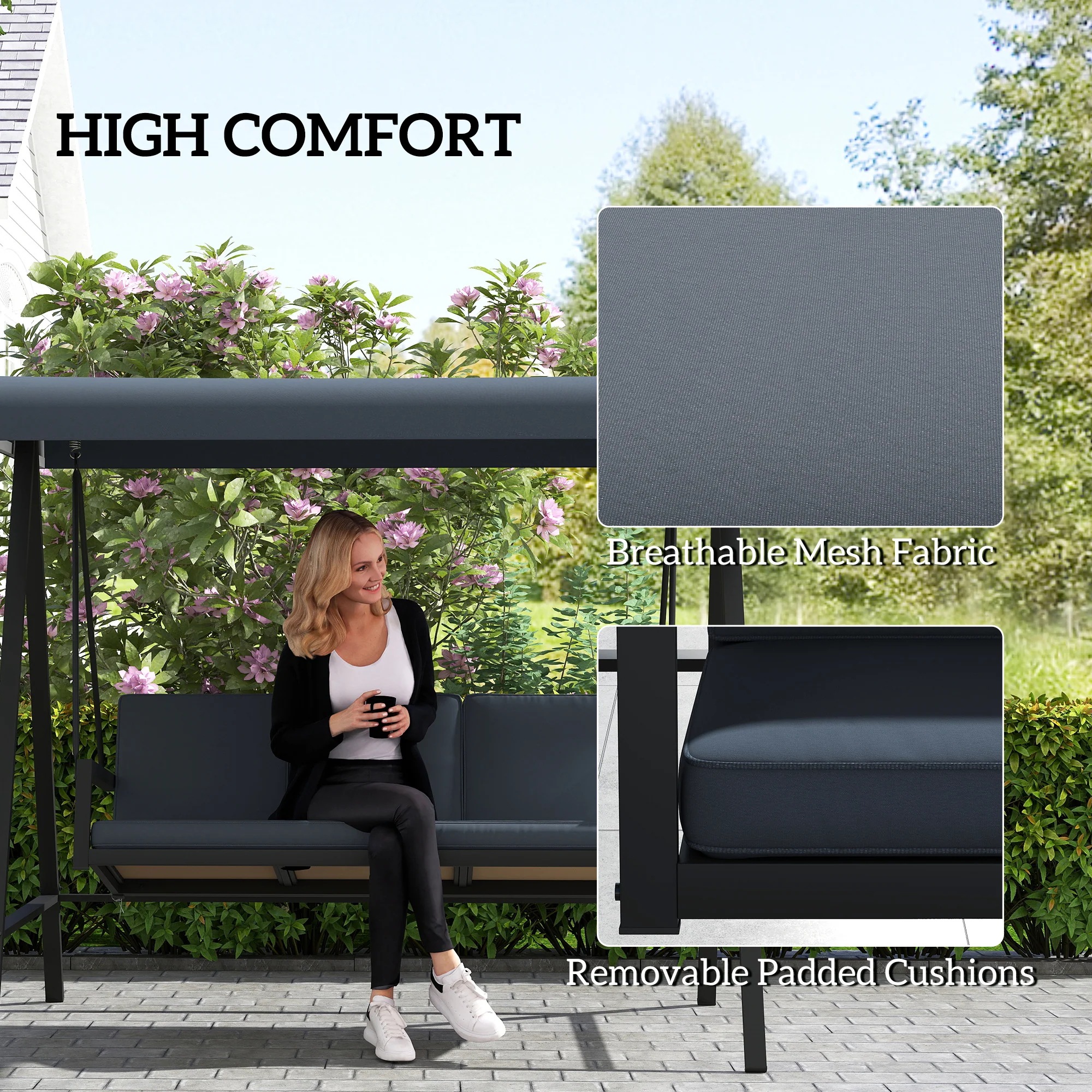 Outsunny 3 Seater Garden Swing Chair with Adjustable Canopy and Cushions - Image 13
