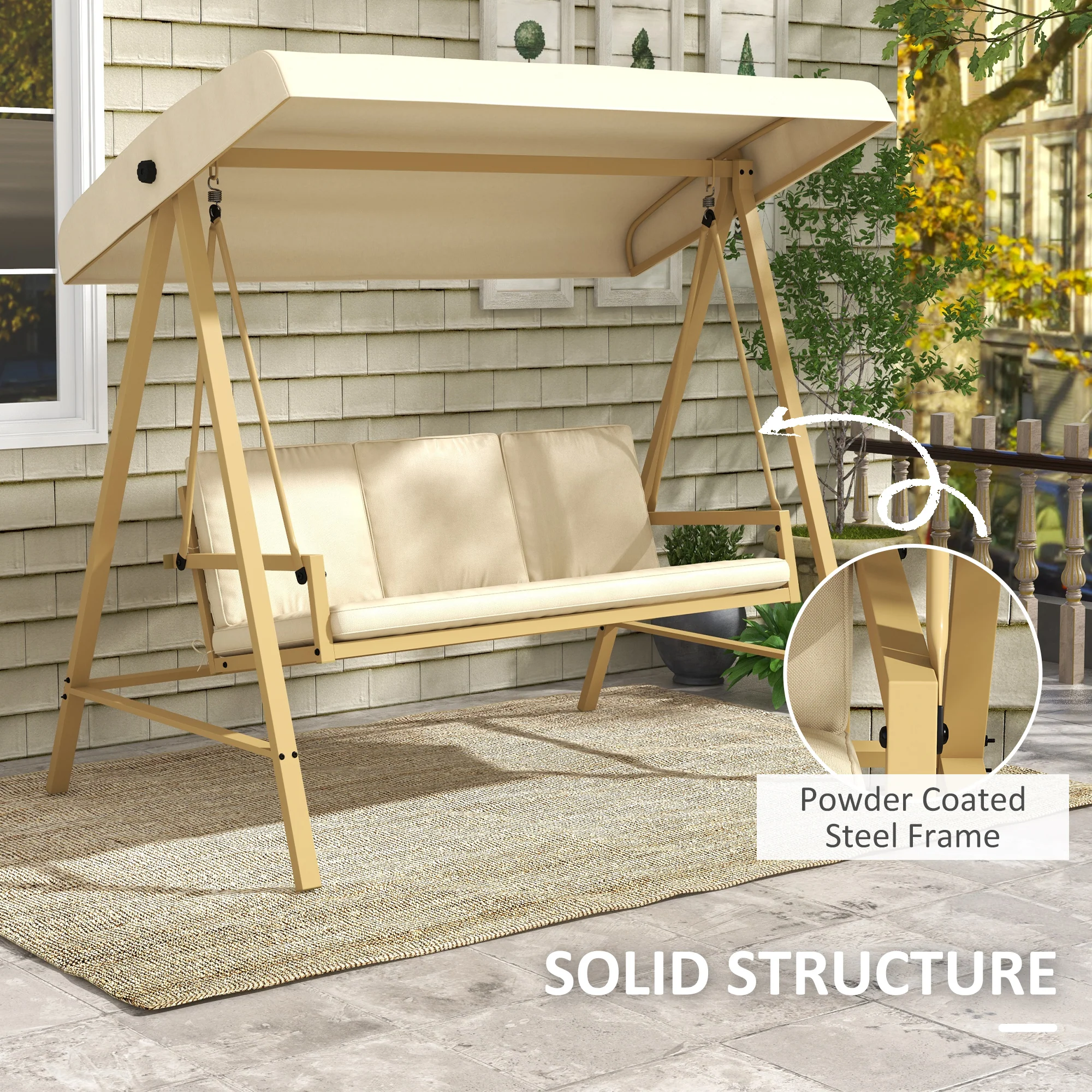 Outsunny 3 Seater Garden Swing Chair with Adjustable Canopy and Cushions - Image 3