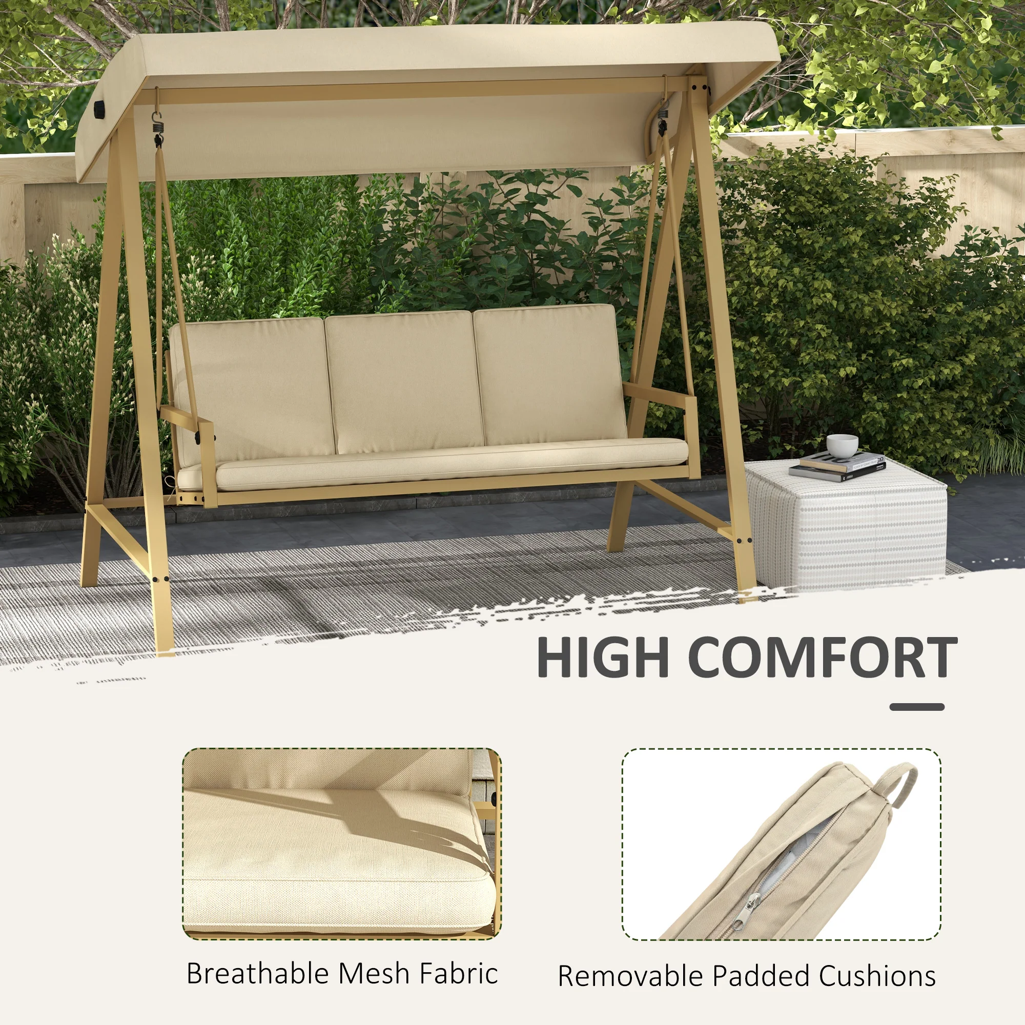 Outsunny 3 Seater Garden Swing Chair with Adjustable Canopy and Cushions - Image 4