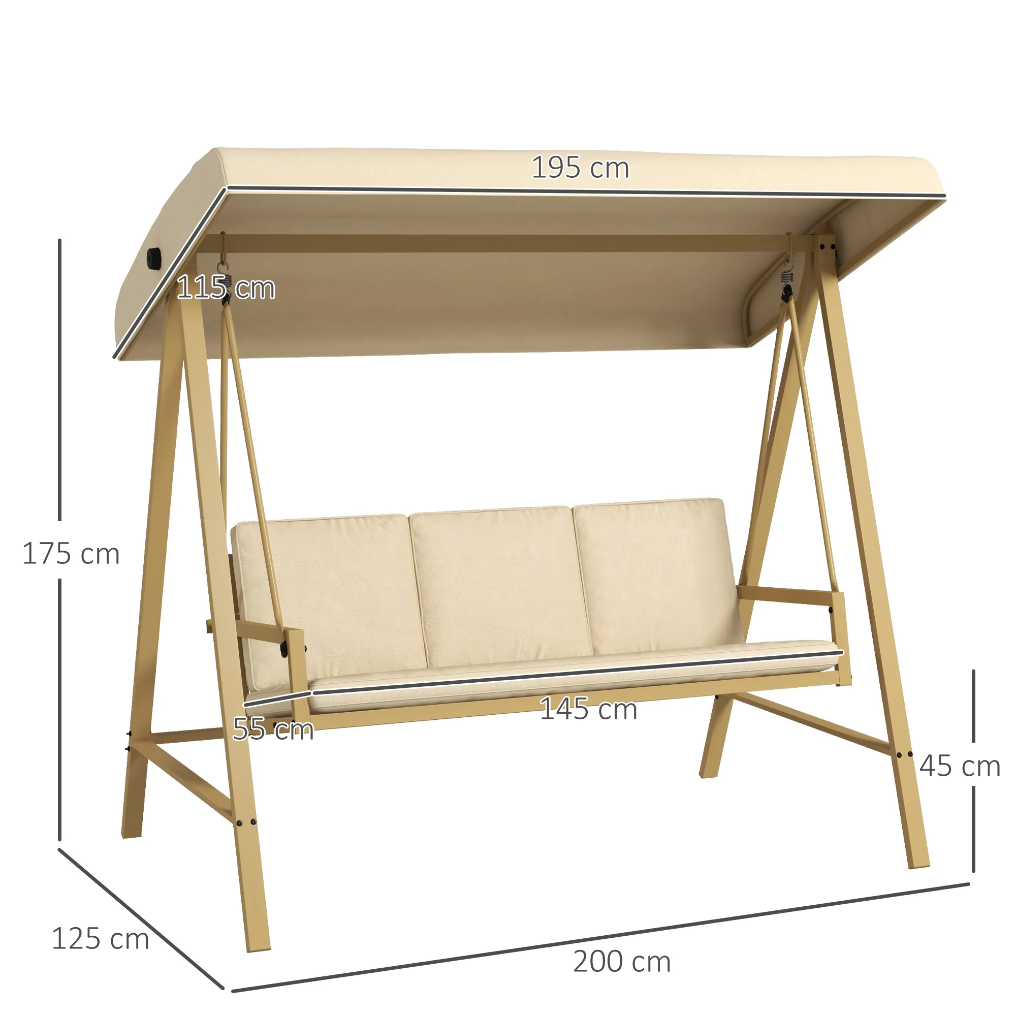 Outsunny 3 Seater Garden Swing Chair with Adjustable Canopy and Cushions - Image 5