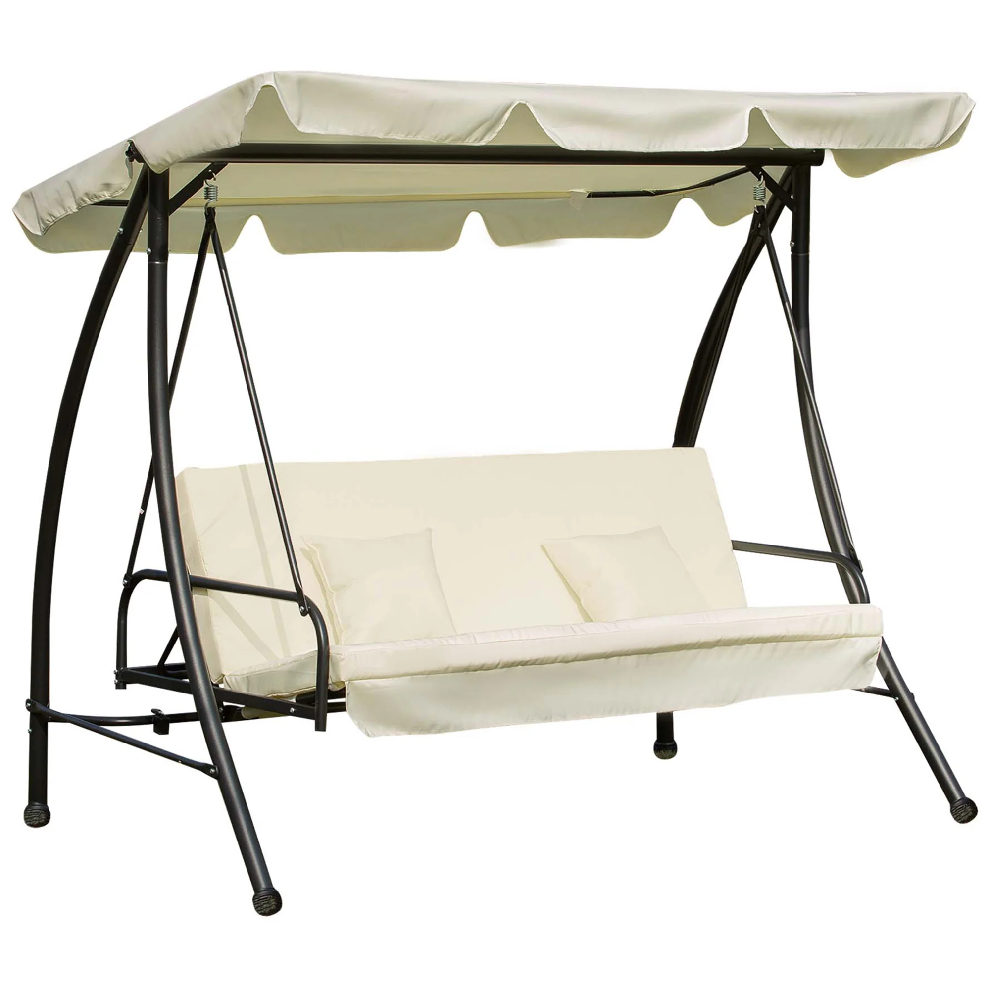 Outsunny 3 Seater Swing Chair 2-in-1 Hammock Bed Patio Garden Cushion Outdoor Canopy Convertible Lounger Porch Backyard Cream White