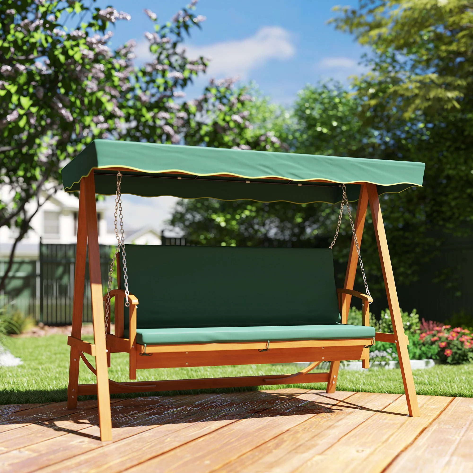 Outsunny 3 Seater Wooden Garden Swing Chair Seat Hammock Bench Lounger Bed - Image 2