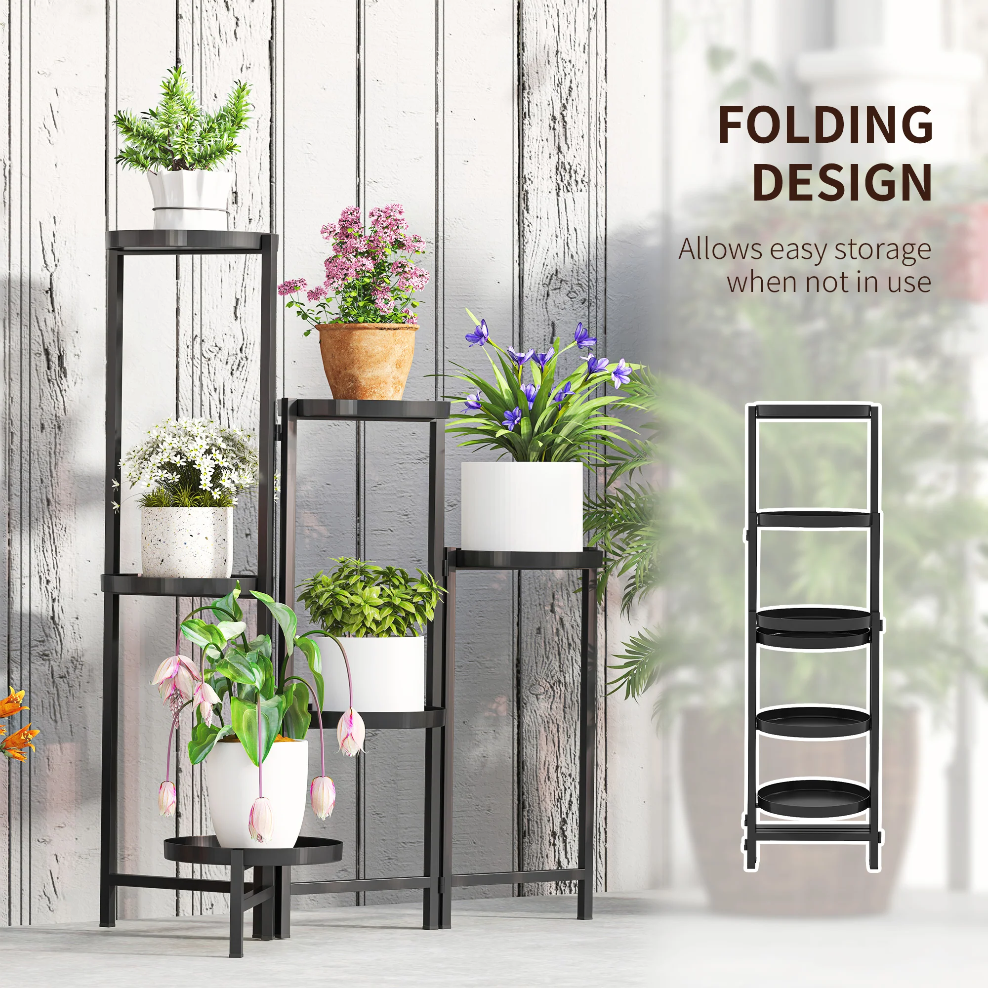 Outsunny 3 Tier Foldable Corner Plant Stand for Indoor Outdoor, Black - Image 4