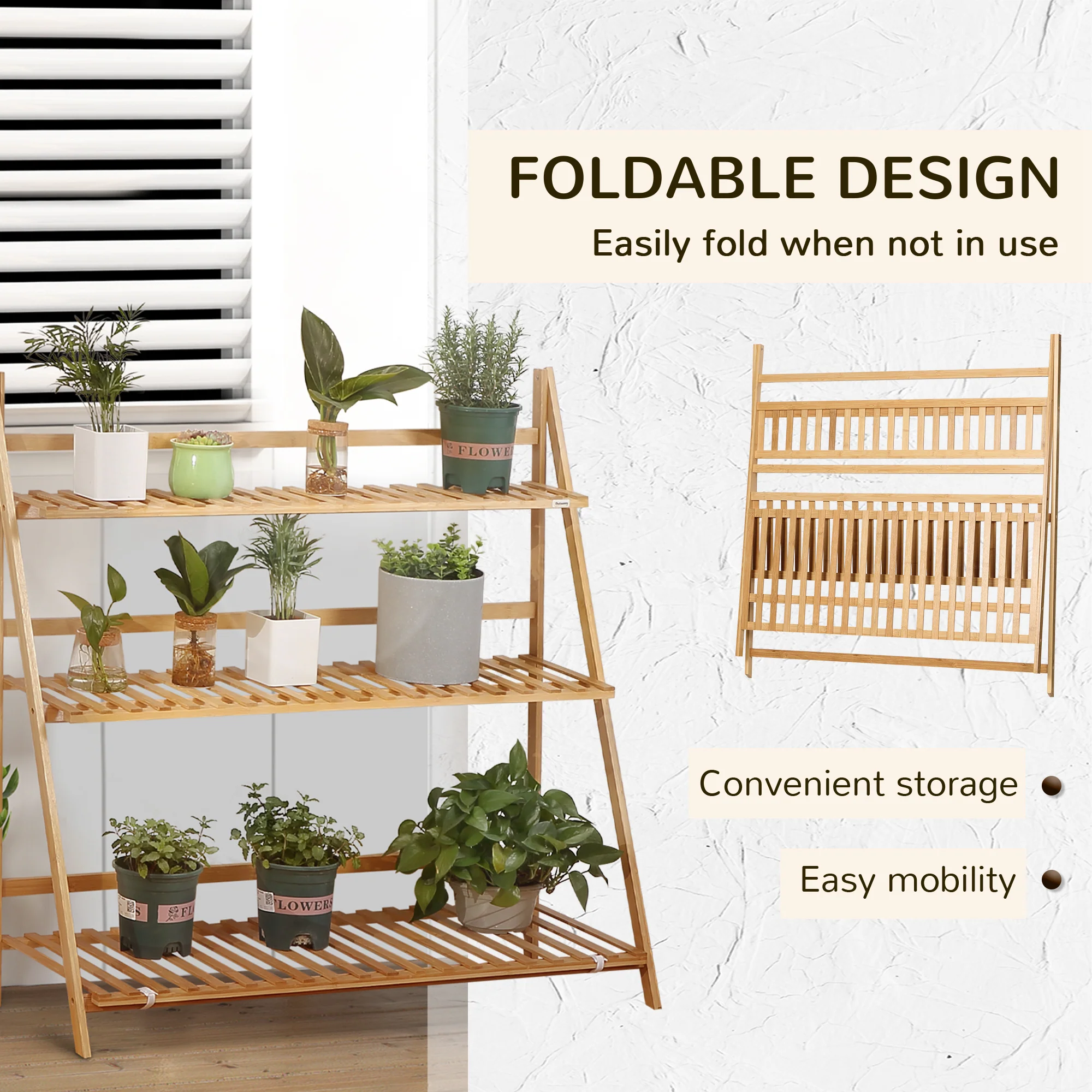 Outsunny 3-Tier Folding Bamboo Plant Stand Display Rack for Indoor & Outdoor - Image 5