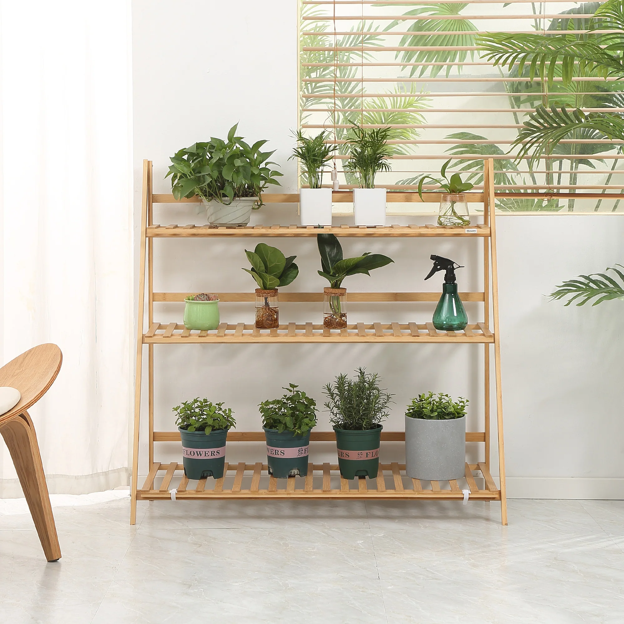 Outsunny 3-Tier Folding Bamboo Plant Stand Display Rack for Indoor & Outdoor - Image 7