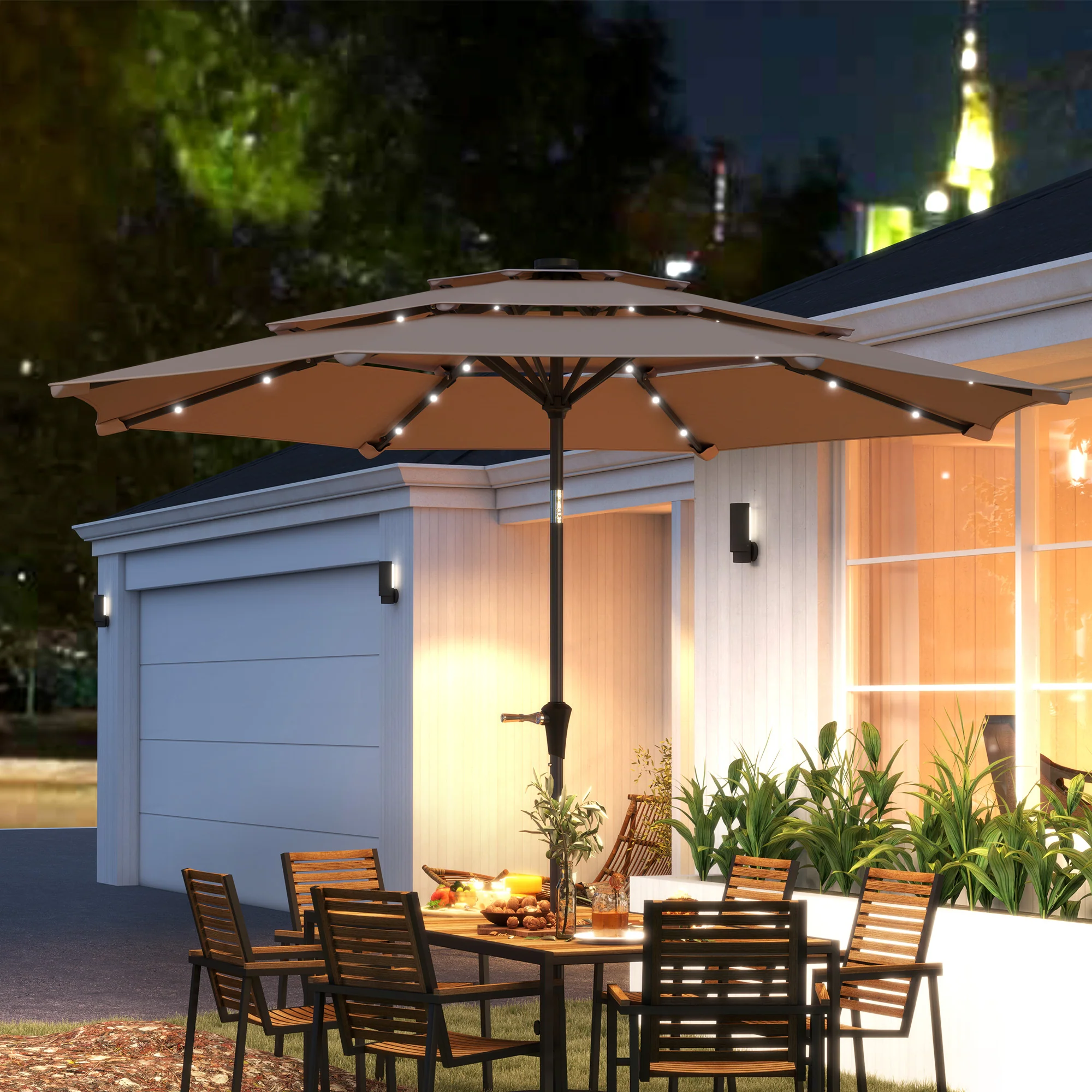 Outsunny 3-Tier Garden Parasol w/ Solar LED Lights, Tilt, Crank Handle - Image 11