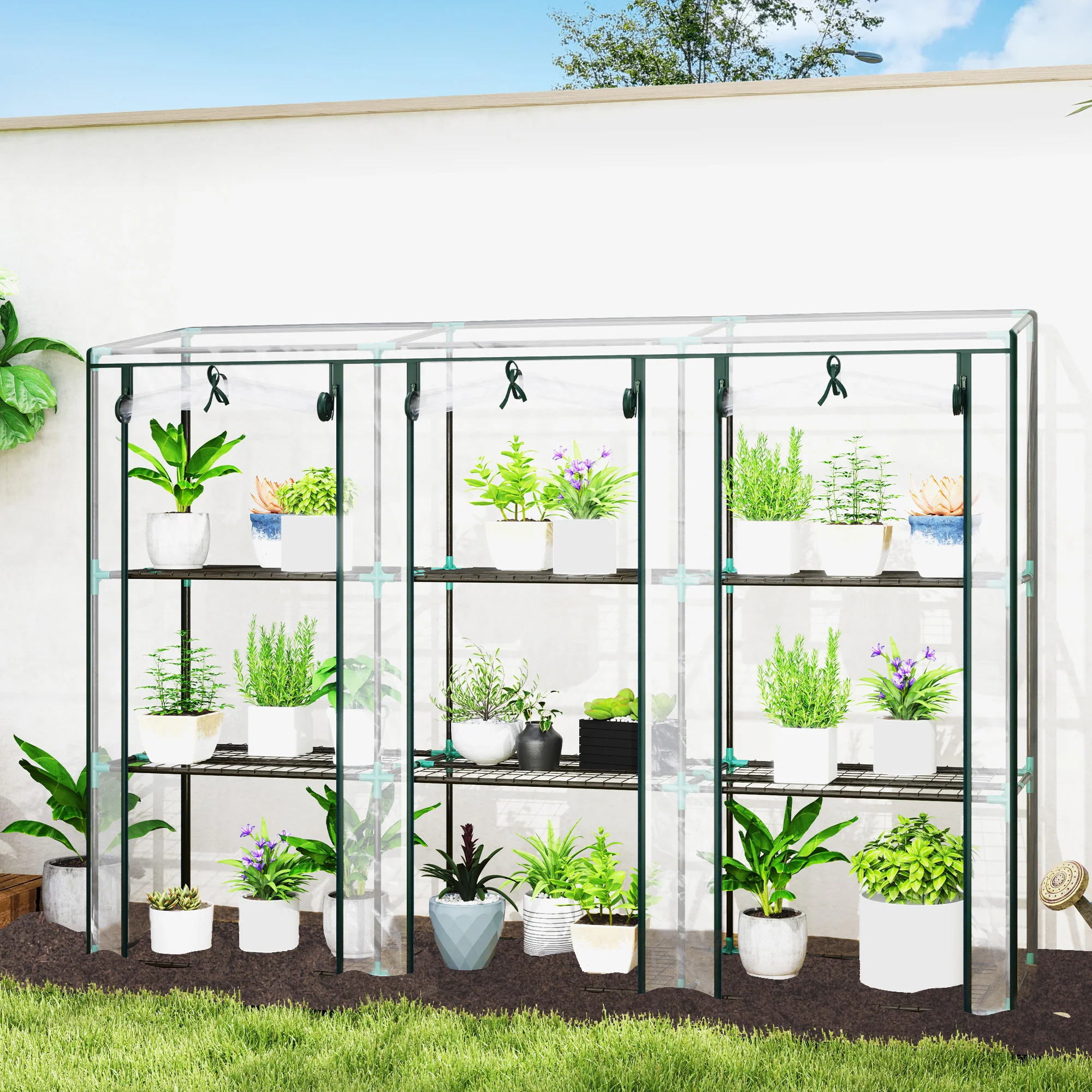 Outsunny 3 Tier Lean-to Mini Greenhouse With Plastic Cover, Clear - Image 2