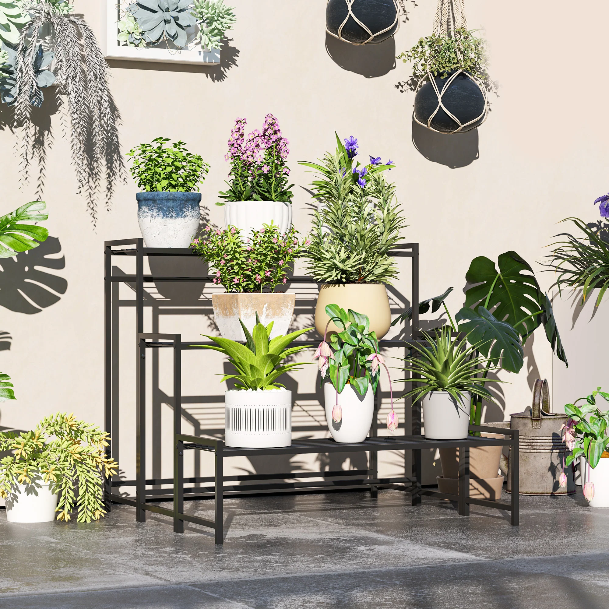 Outsunny 3-Tier Metal Plant Stand, Modern Ladder Shelf For Garden, Black - Image 2