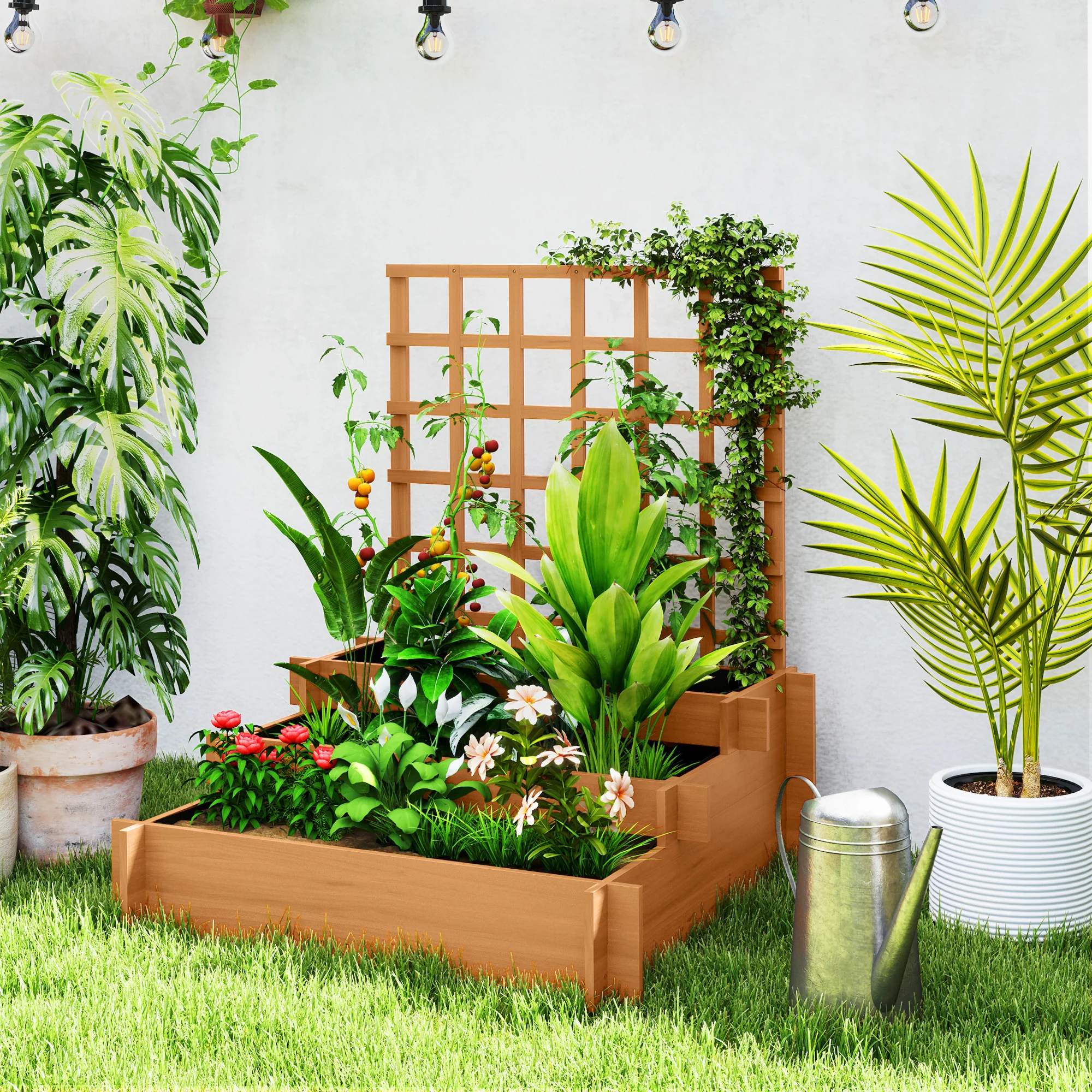Outsunny 3 Tier Wooden Garden Planters with Trellis for Vine Climbing Plants - Image 2