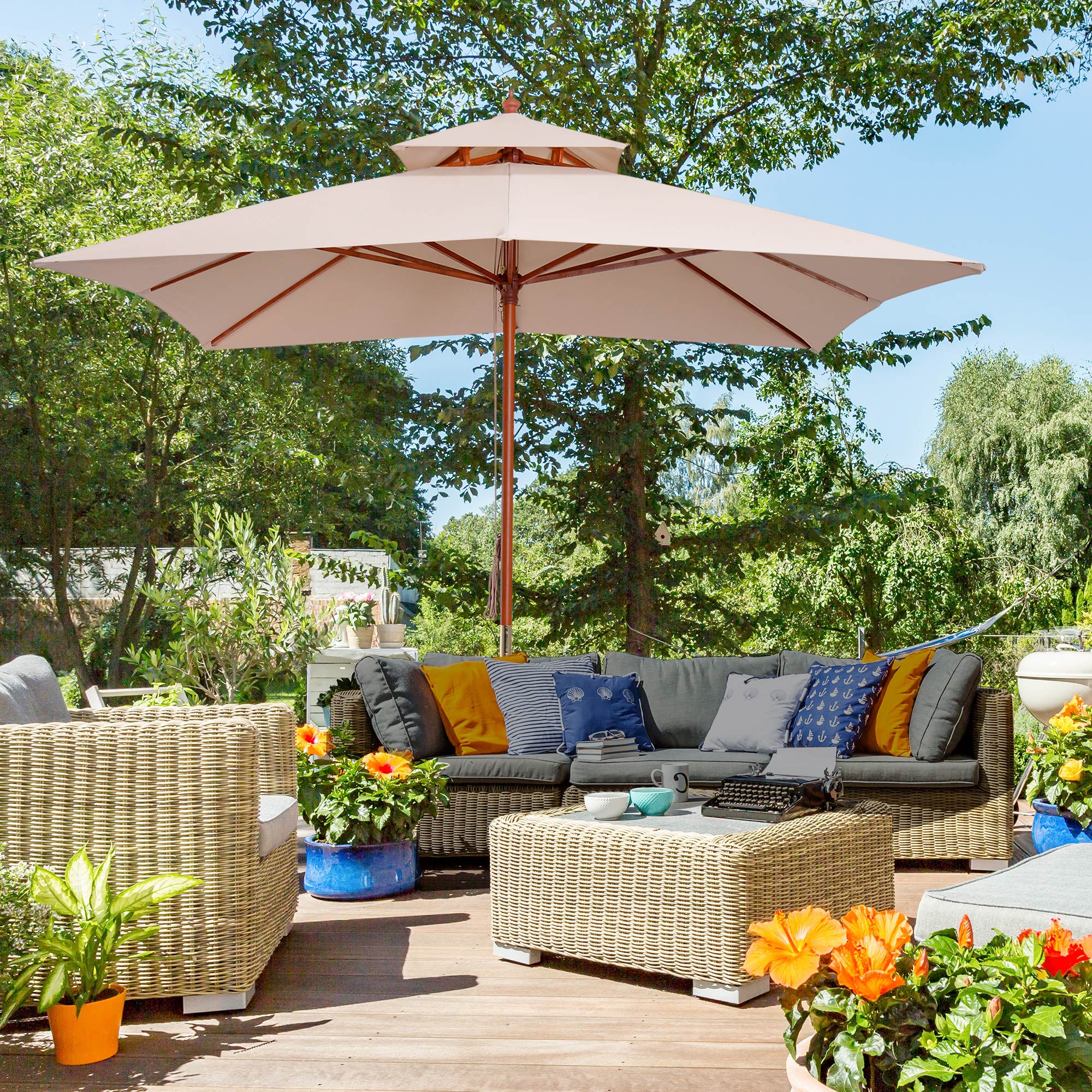 Outsunny 3 x 3 meter Patio Garden Sun Umbrella Sunshade Outdoor Wood Wooden Parasol Canopy Double Tier, Beige BASE NOT INCLUDED - Image 2