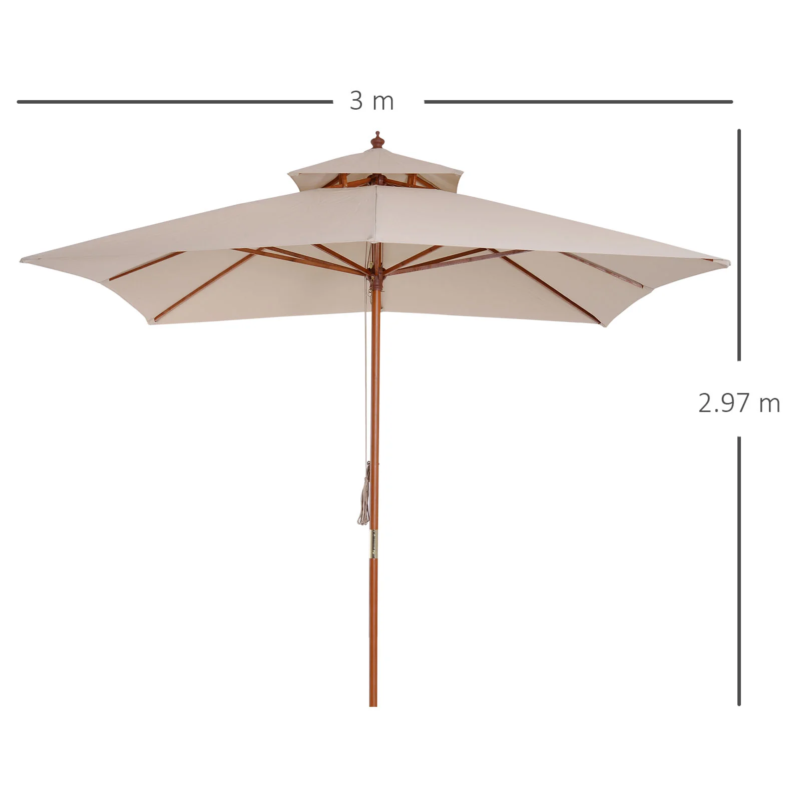 Outsunny 3 x 3 meter Patio Garden Sun Umbrella Sunshade Outdoor Wood Wooden Parasol Canopy Double Tier, Beige BASE NOT INCLUDED - Image 5