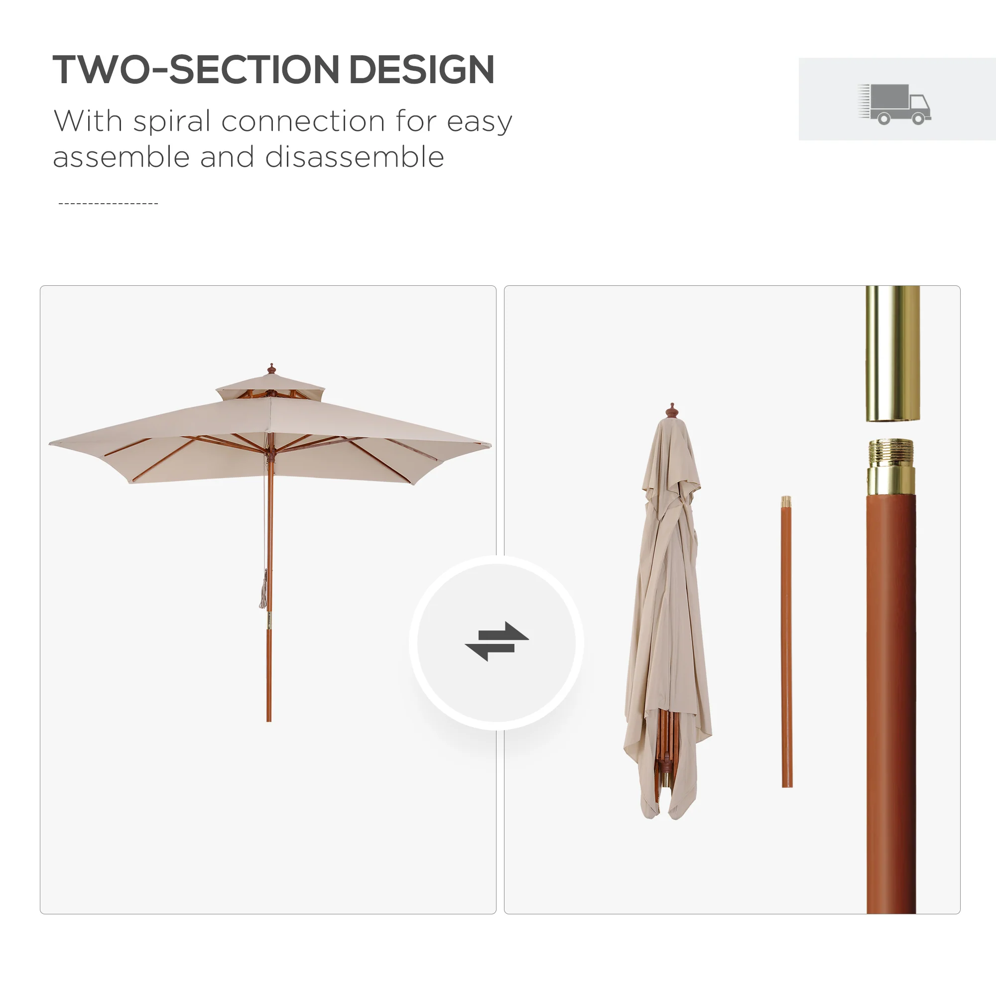 Outsunny 3 x 3 meter Patio Garden Sun Umbrella Sunshade Outdoor Wood Wooden Parasol Canopy Double Tier, Beige BASE NOT INCLUDED - Image 7