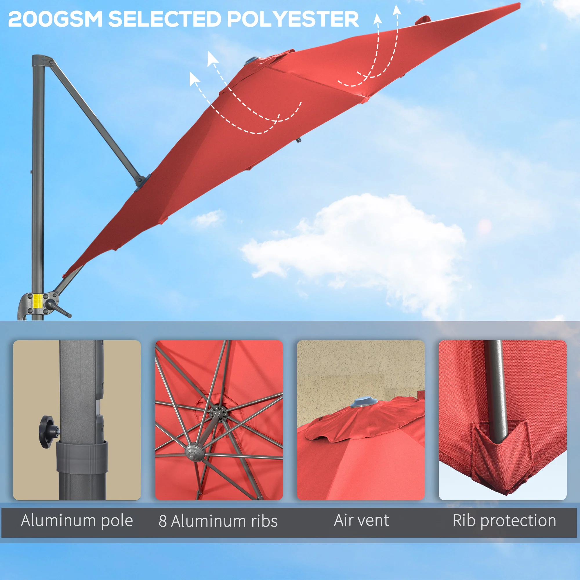 Outsunny 3 x 3(m) Cantilever Parasol Garden Umbrella with Cross Base Wine Red - Image 7