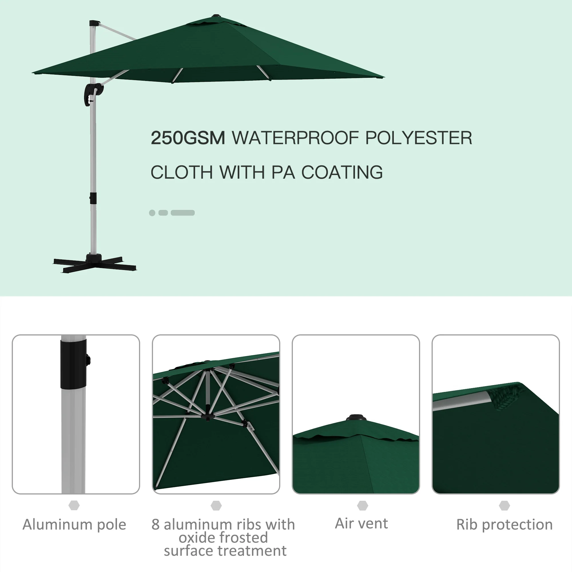 Outsunny 3 x 3(m) Cantilever Roma Parasol Garden Umbrella with Cross Base Green - Image 6