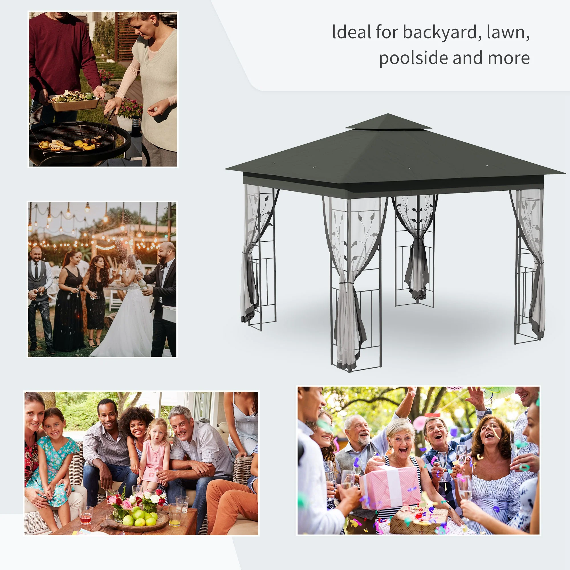 Outsunny 3 x 3(m) Garden Gazebo Marquee Tent Canopy Shelter Pavilion Grey - Image 7
