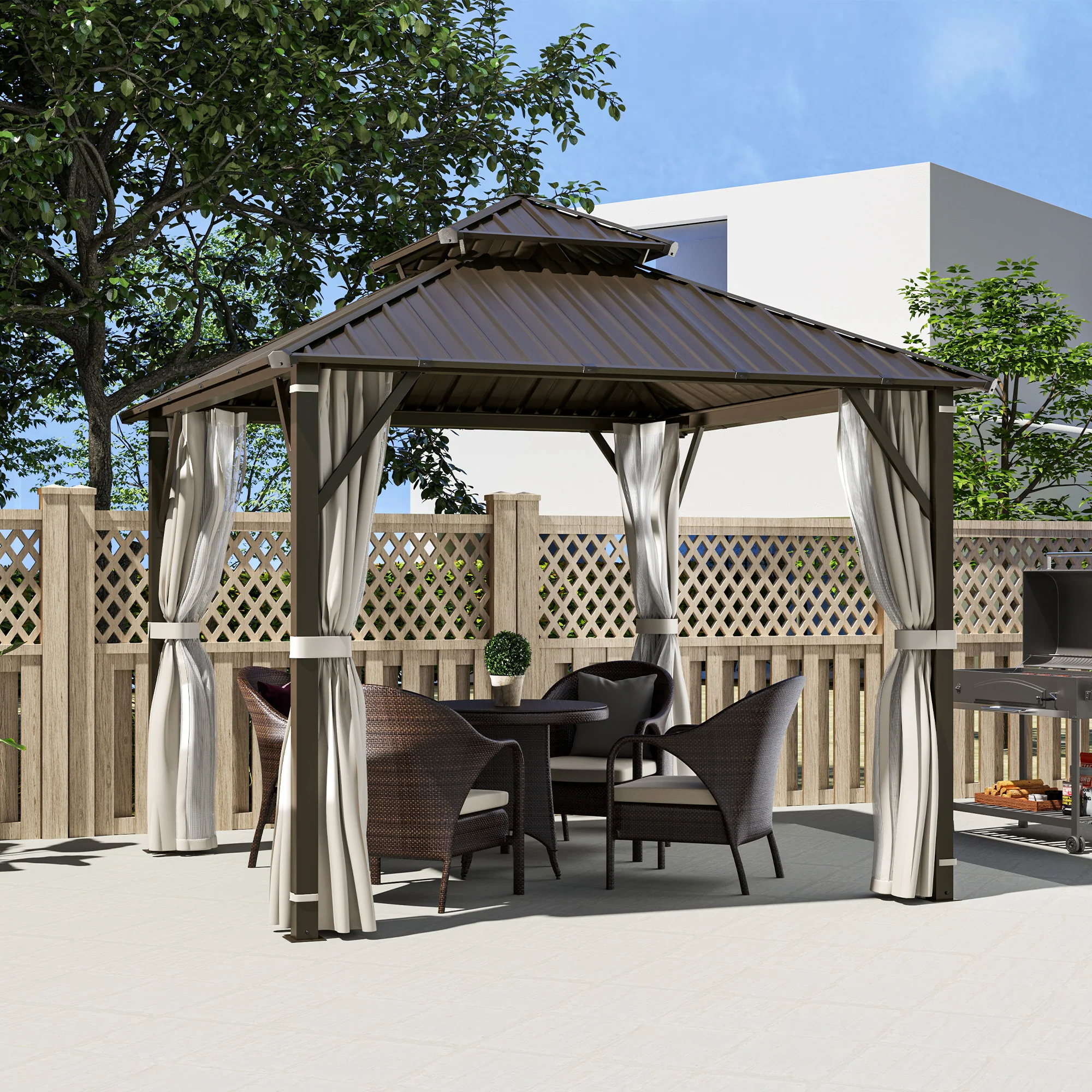 Outsunny 3 x 3(m) Hardtop Gazebo with Metal Roof, Netting and Curtains - Image 2