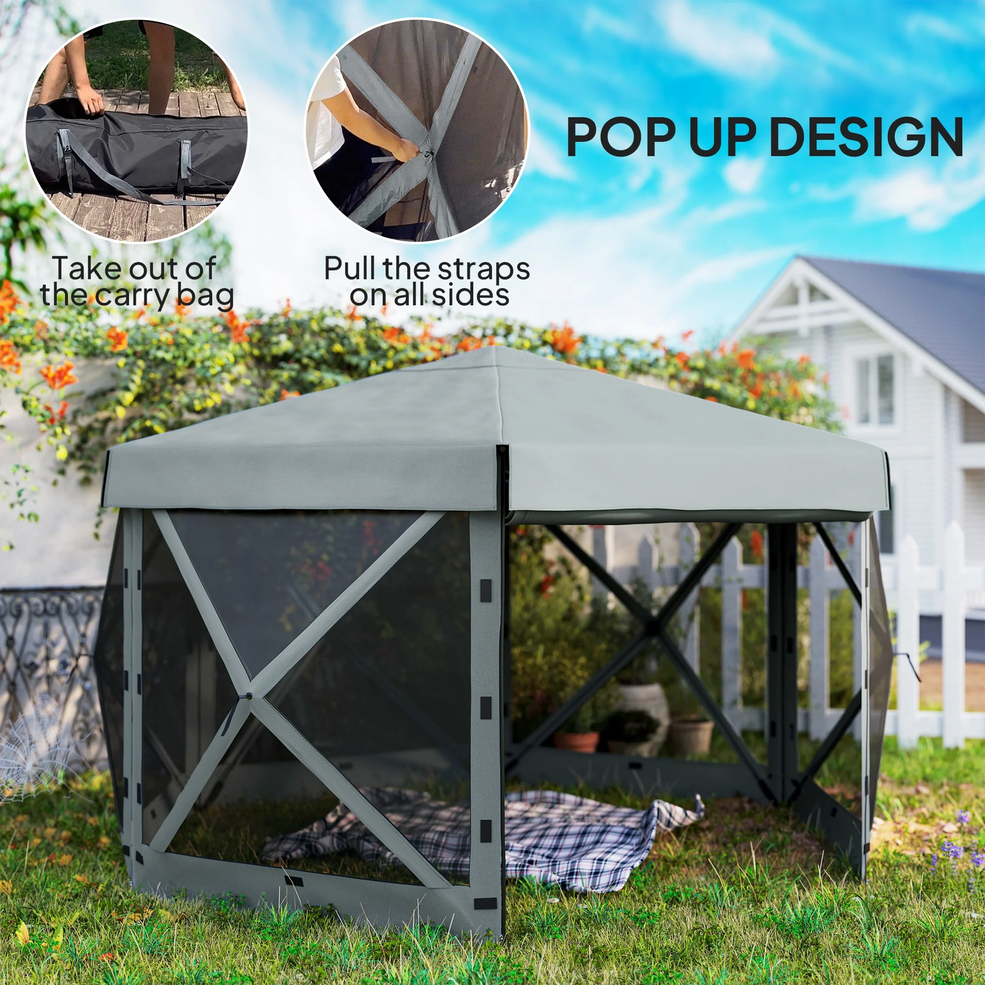 Outsunny 3 x 3(m) Hexagon Pop Up Gazebo with 5 Sides, Netting, Light Grey - Image 3