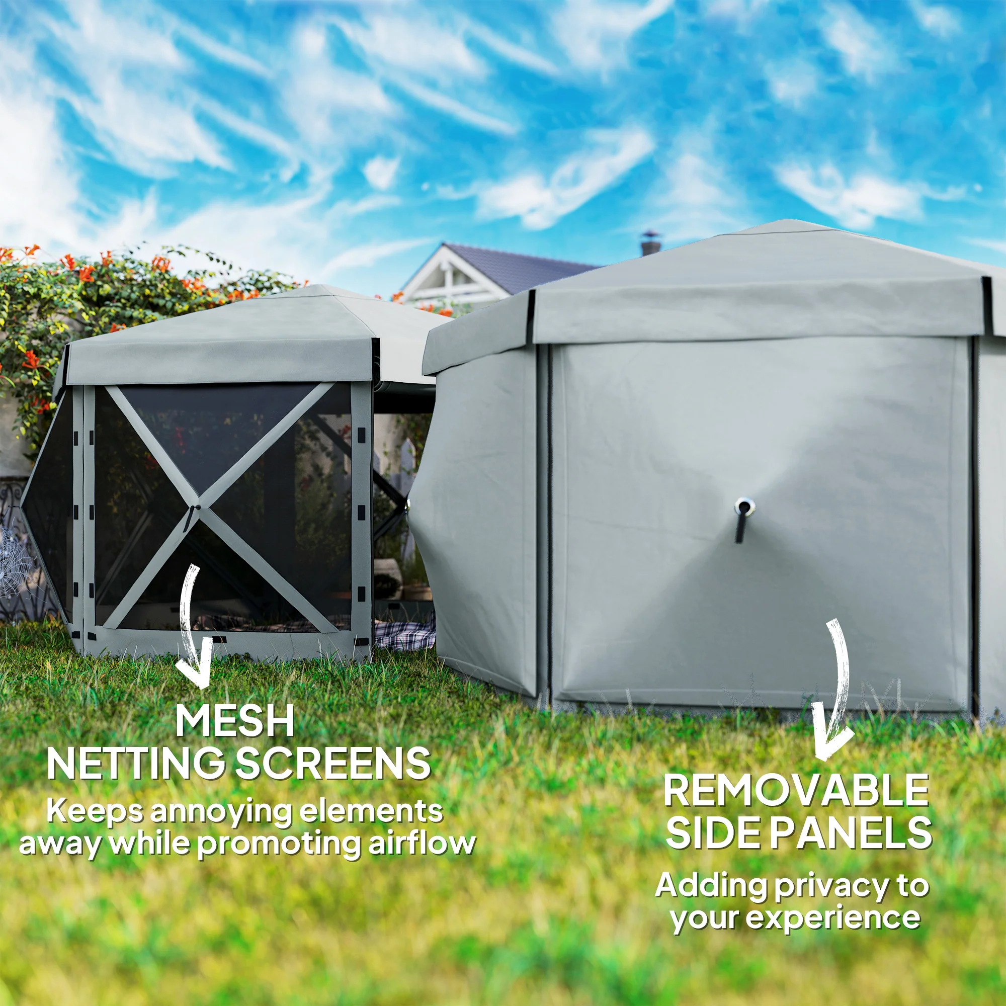 Outsunny 3 x 3(m) Hexagon Pop Up Gazebo with 5 Sides, Netting, Light Grey - Image 4