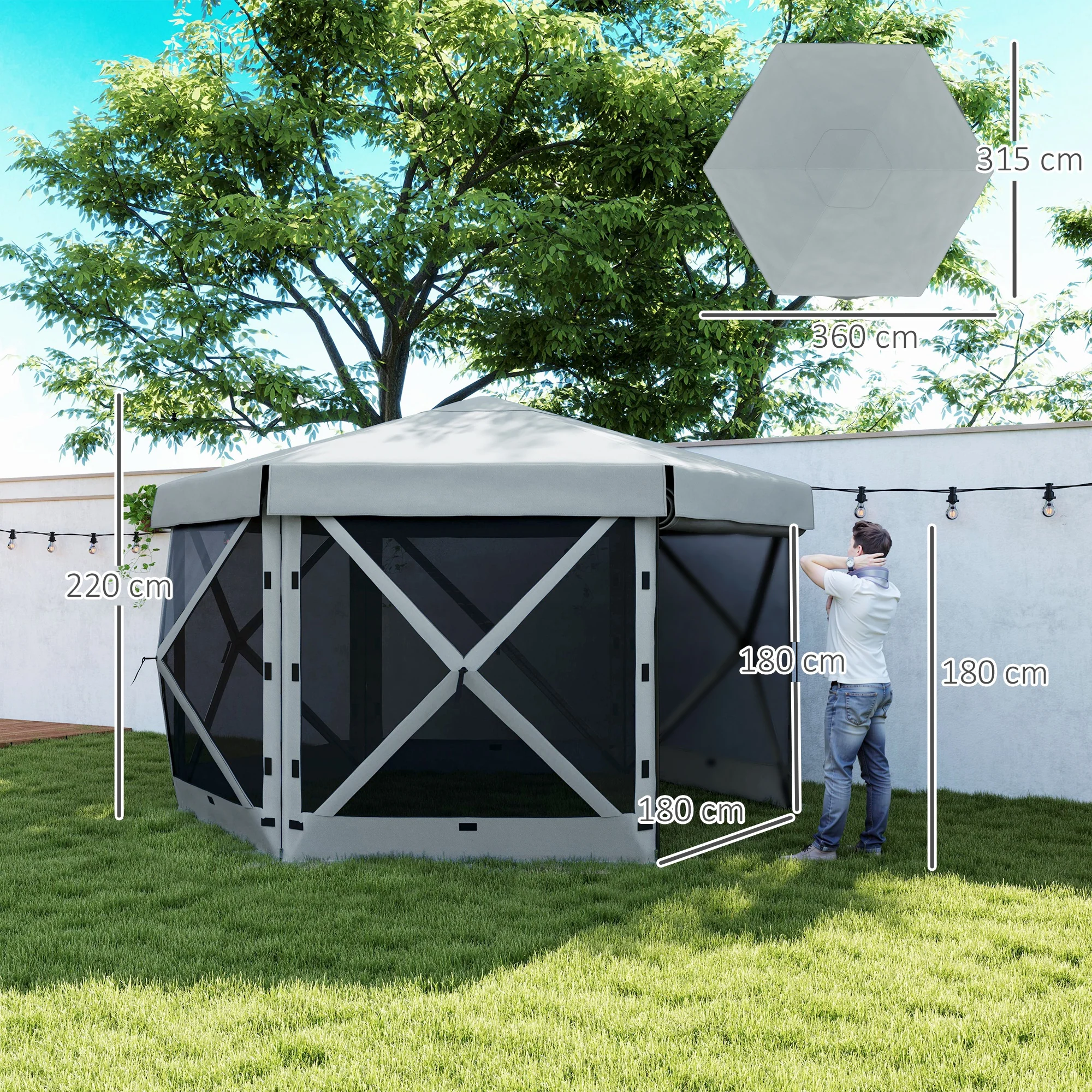 Outsunny 3 x 3(m) Hexagon Pop Up Gazebo with 5 Sides, Netting, Light Grey - Image 5
