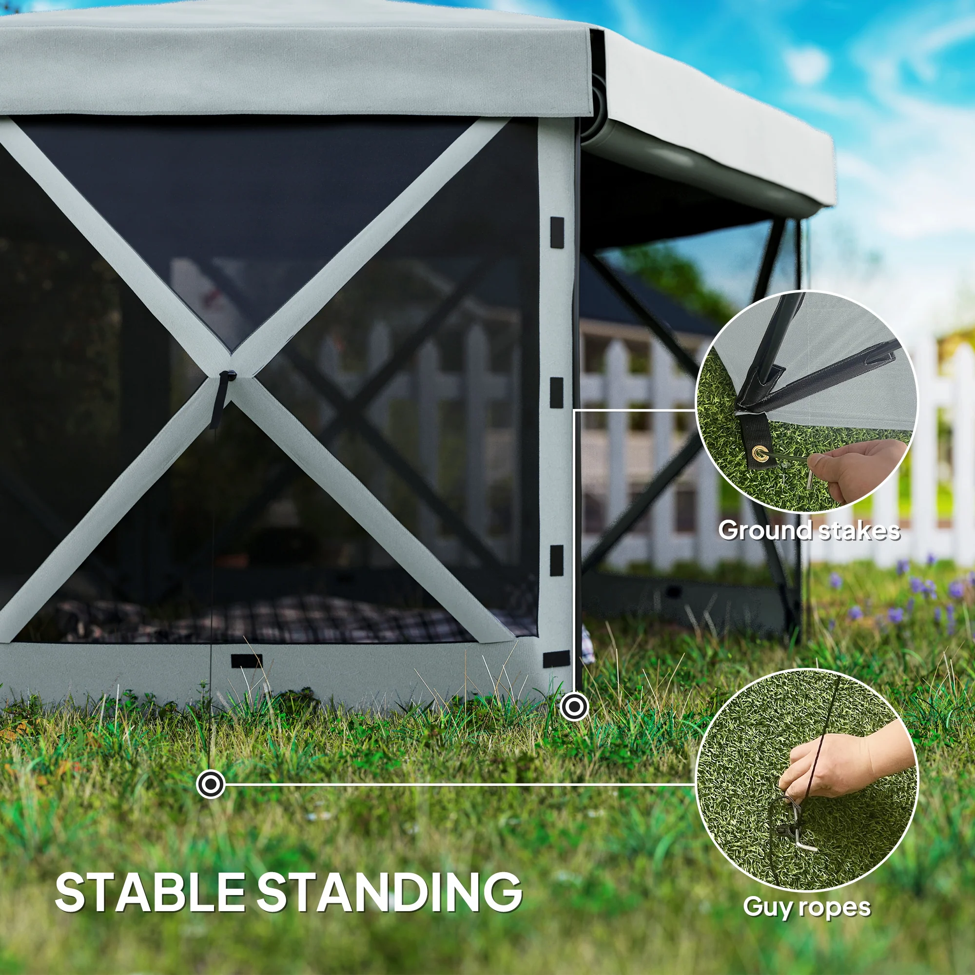 Outsunny 3 x 3(m) Hexagon Pop Up Gazebo with 5 Sides, Netting, Light Grey - Image 7