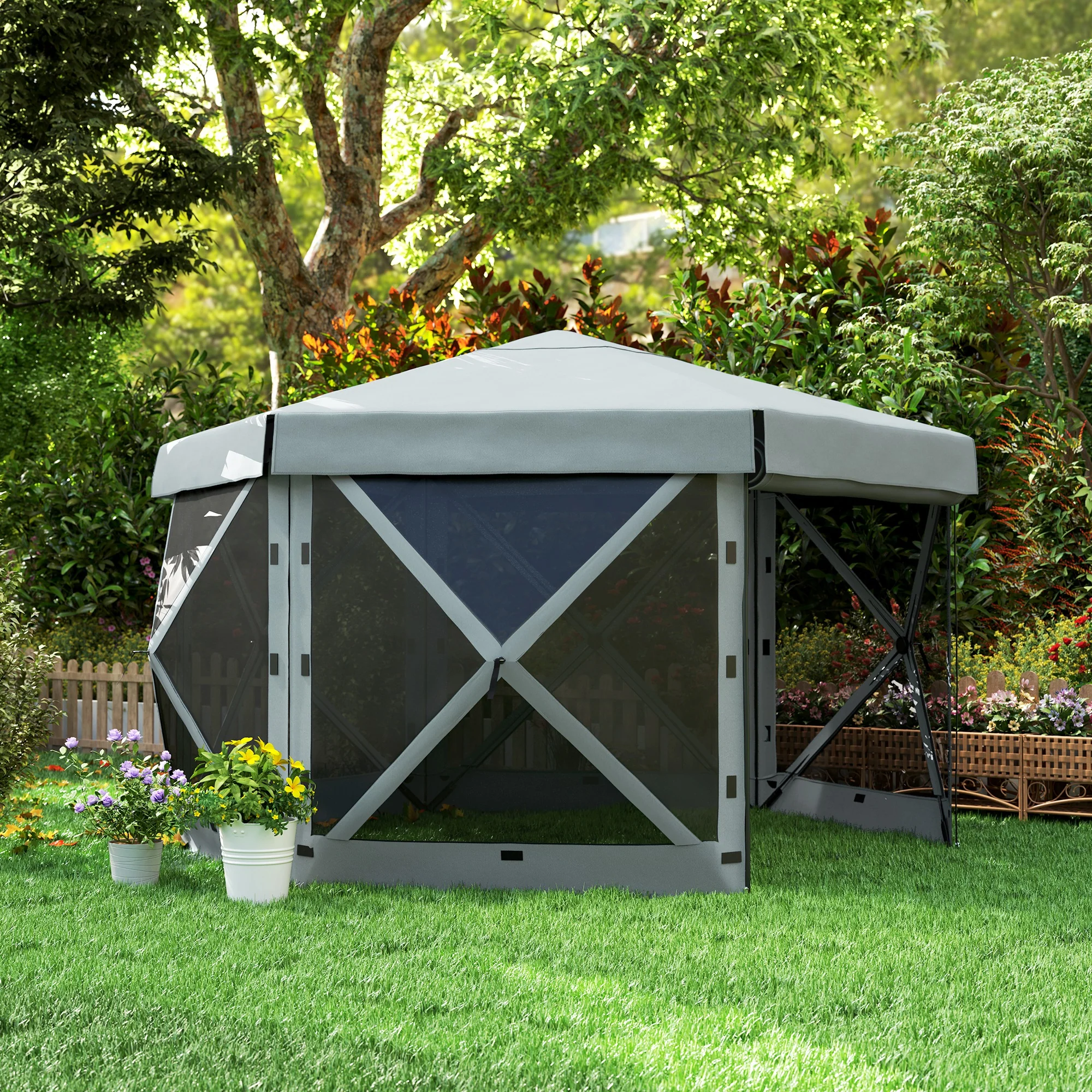 Outsunny 3 x 3(m) Hexagon Pop Up Gazebo with 5 Sides, Netting, Light Grey - Image 8