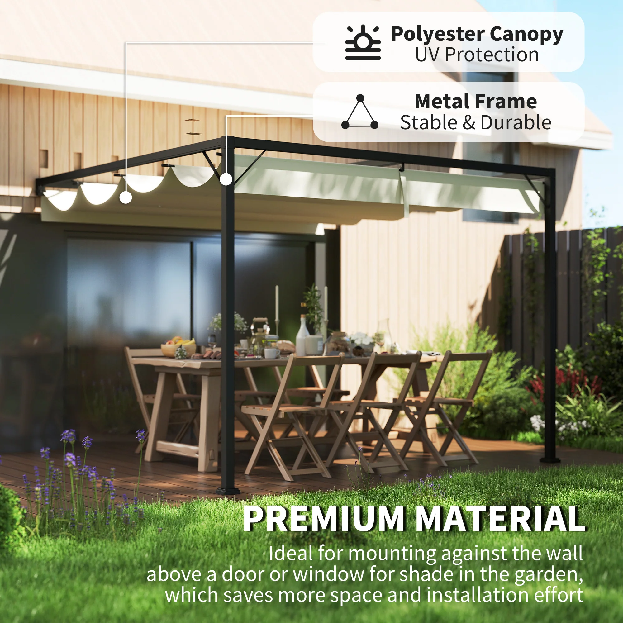 Outsunny 3 x 3(m) Outdoor Pergola Retractable Canopy Wall Mounted, Cream - Image 4