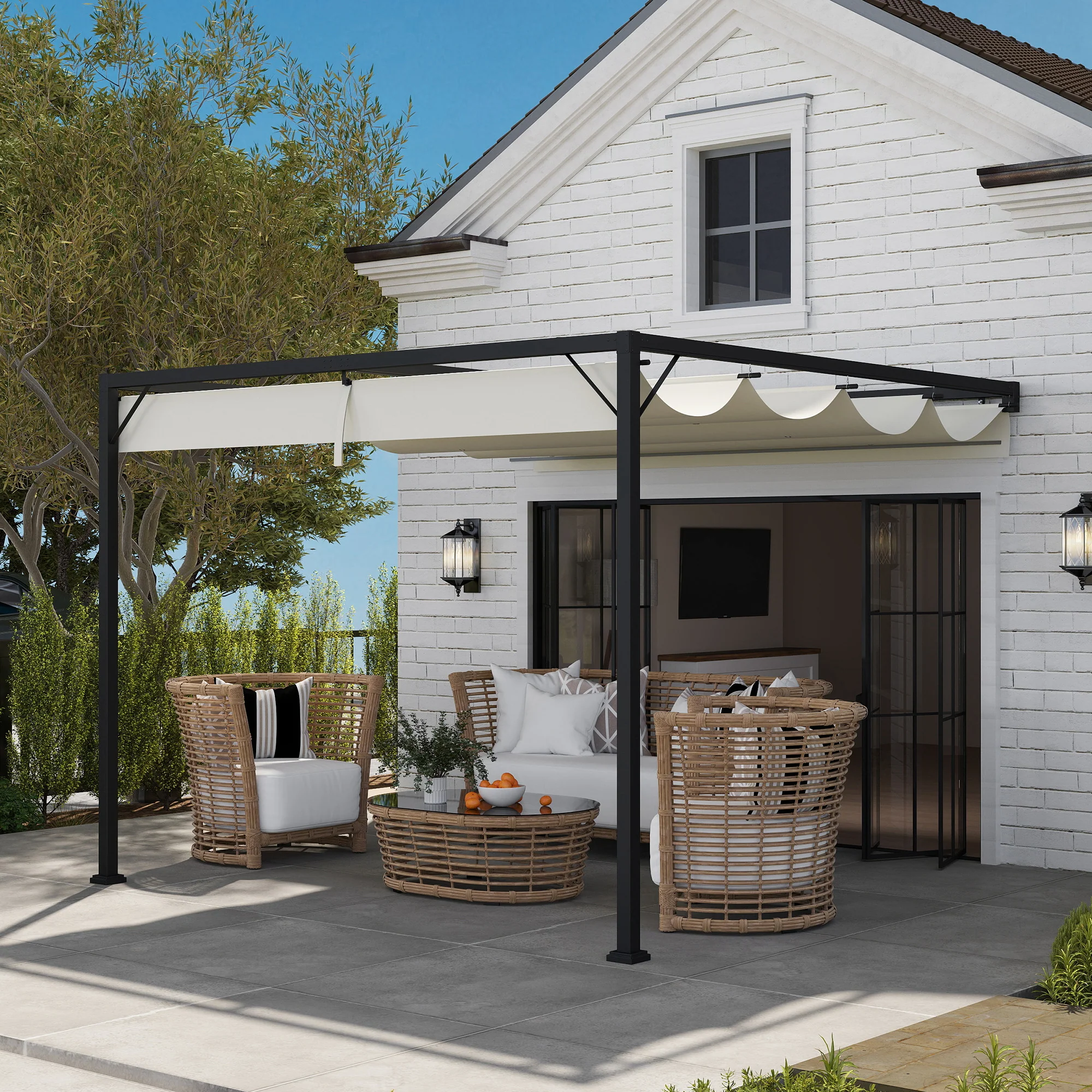 Outsunny 3 x 3(m) Outdoor Pergola Retractable Canopy Wall Mounted, Cream - Image 7