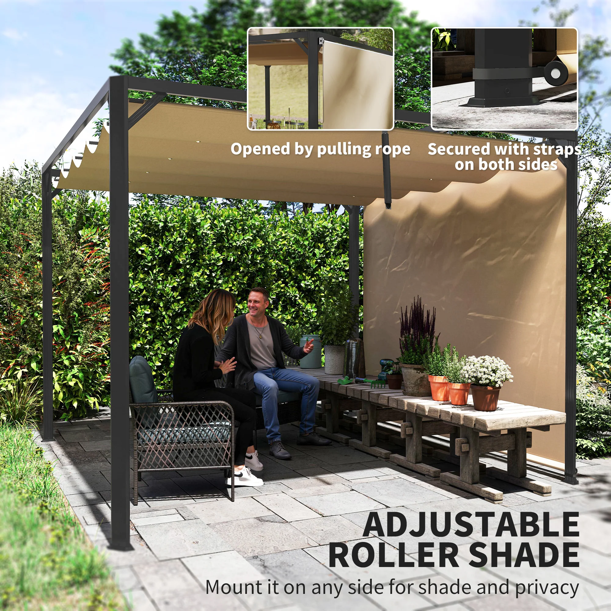 Outsunny 3 x 3(m) Pergola with Retractable Roof & Roller Shade - Image 13