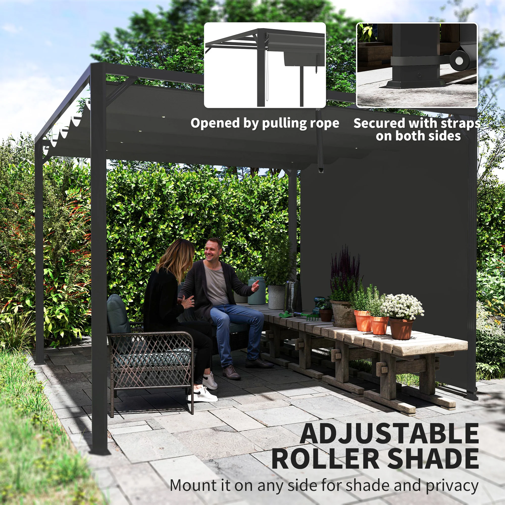 Outsunny 3 x 3(m) Pergola with Retractable Roof & Roller Shade - Image 4