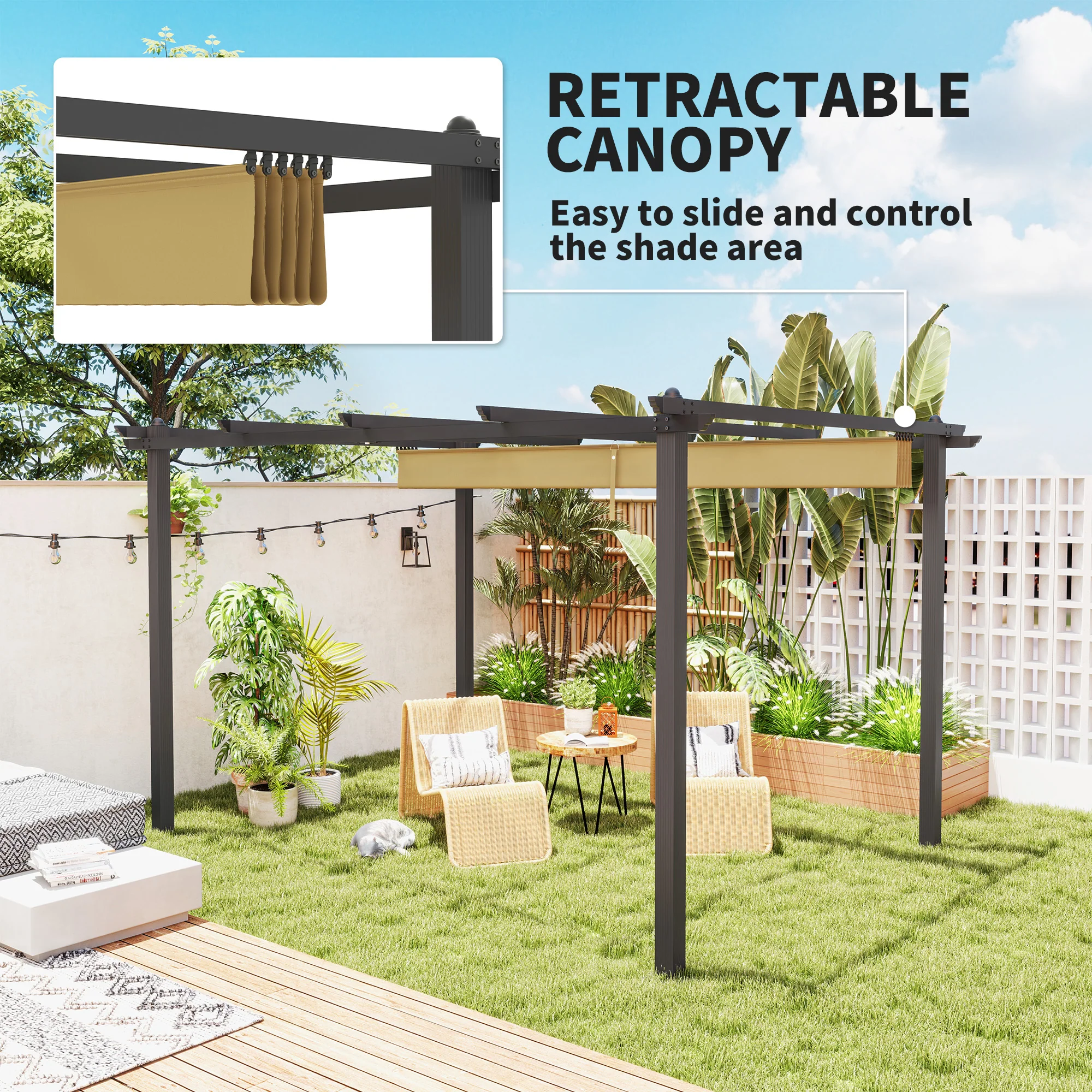 Outsunny 3 x 4m Aluminium Pergola with Retractable Roof, Garden Gazebo Khaki - Image 12