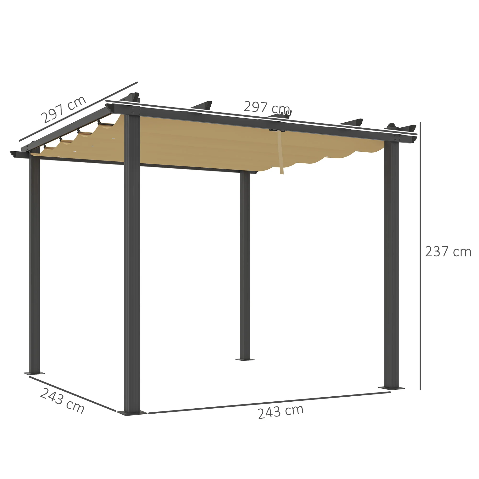 Outsunny 3 x 4m Aluminium Pergola with Retractable Roof, Garden Gazebo Khaki - Image 5