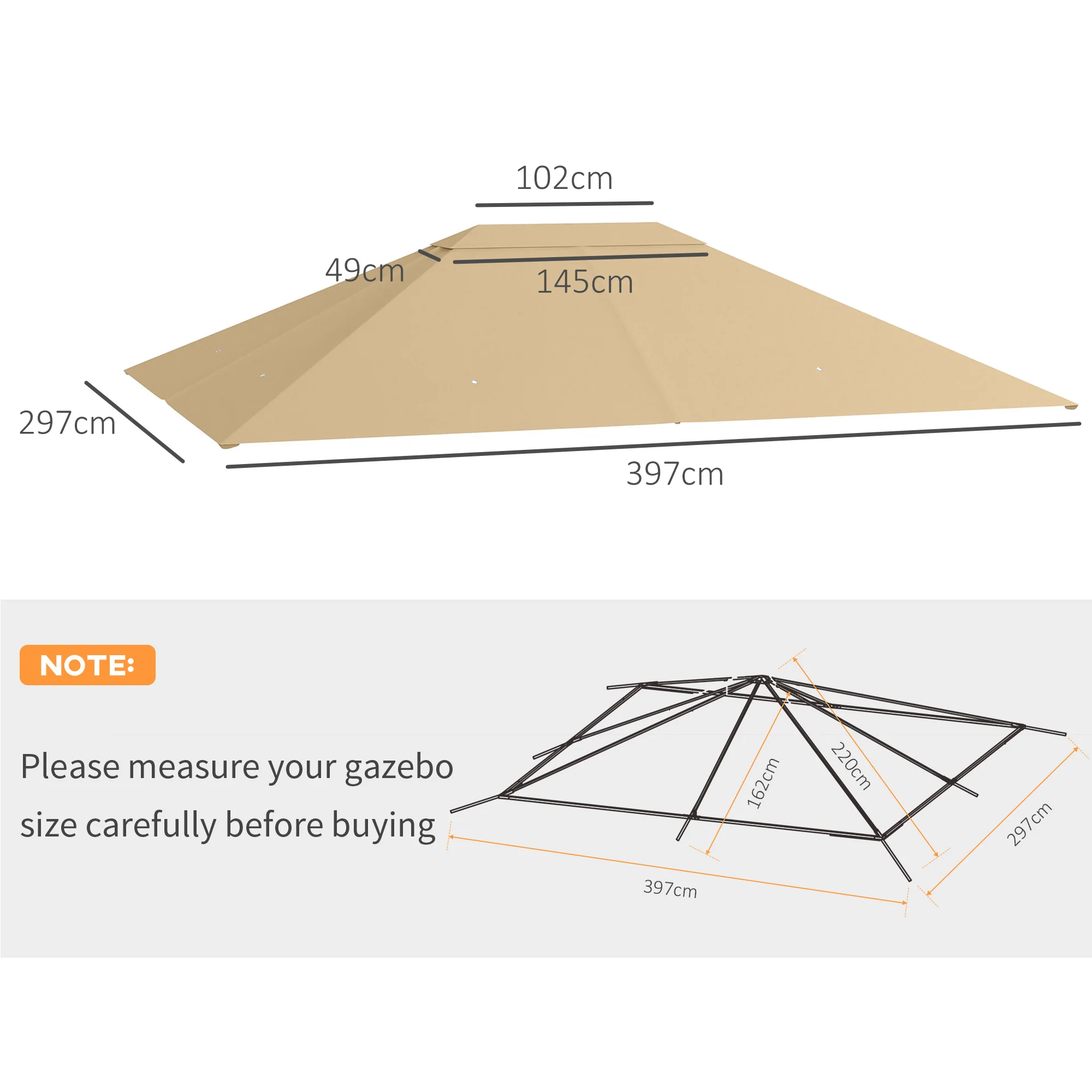 Outsunny 3 x 4m Gazebo Canopy Replacement Gazebo Roof Cover, Khaki - Image 5