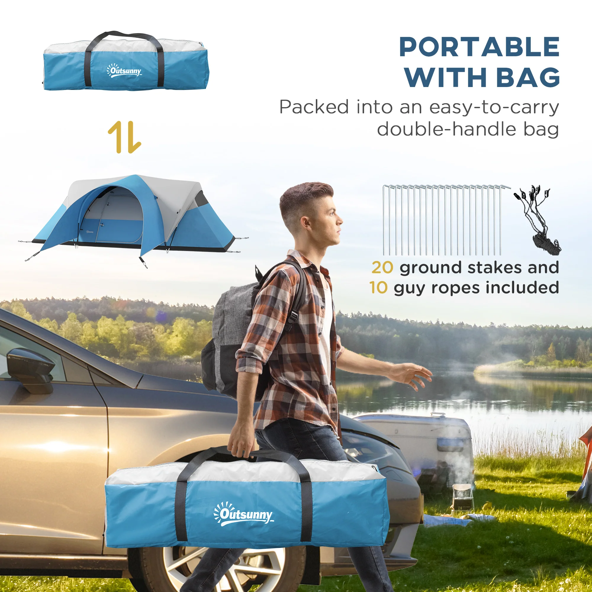 Outsunny 3000mm Waterproof Camping Tent w/ Porch & Sewn in Groundsheet, Blue - Image 8