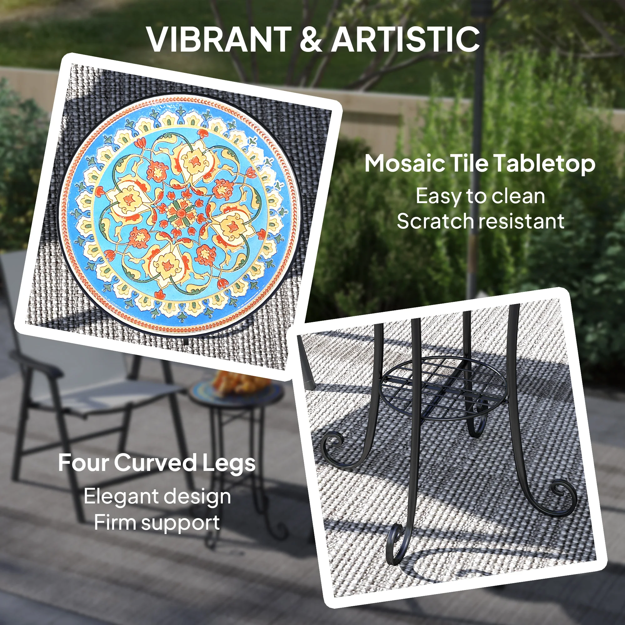 Outsunny 35.5cm Round Mosaic Garden Side Table Plant Stand w/ Shelf - Image 12