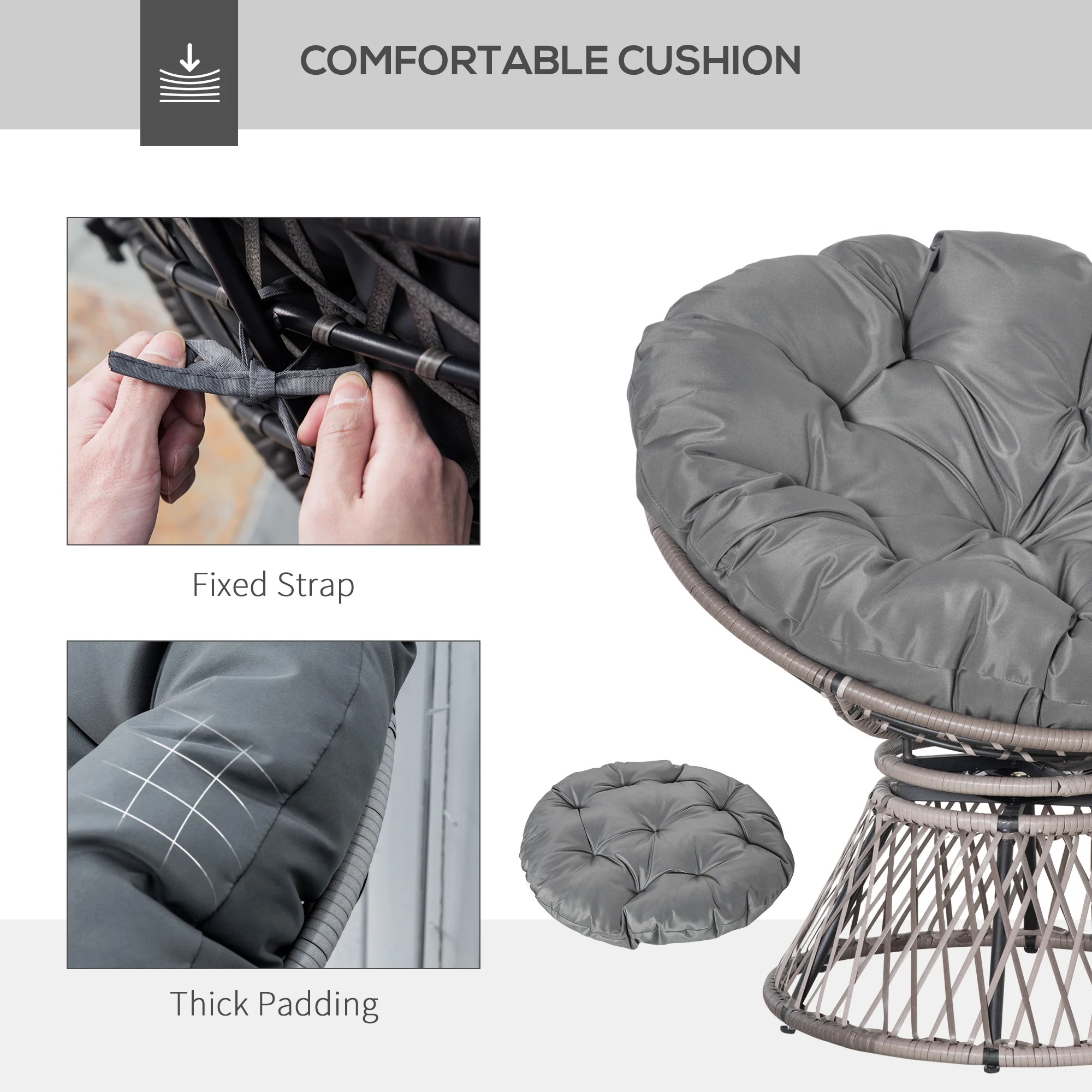Outsunny 360° Swivel Rattan Papasan Moon Bowl Chair Round Outdoor w/ Padded-Grey - Image 4