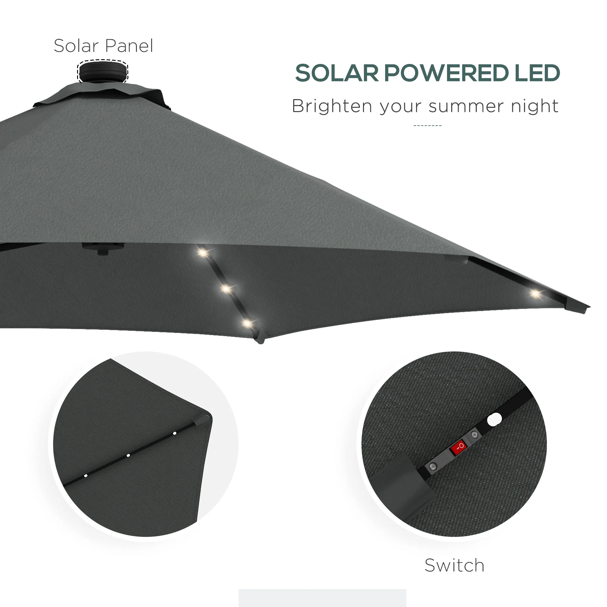 Outsunny 3(m) Cantilever Garden Parasol Umbrella W/ Solar LED and Cover, Grey - Image 4