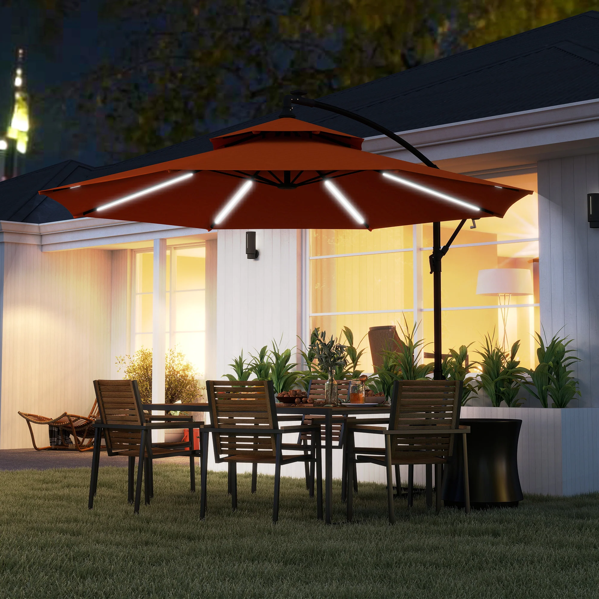 Outsunny 3(m) Cantilever Parasol Hanging Banana Umbrella w/ lights, Orange - Image 2
