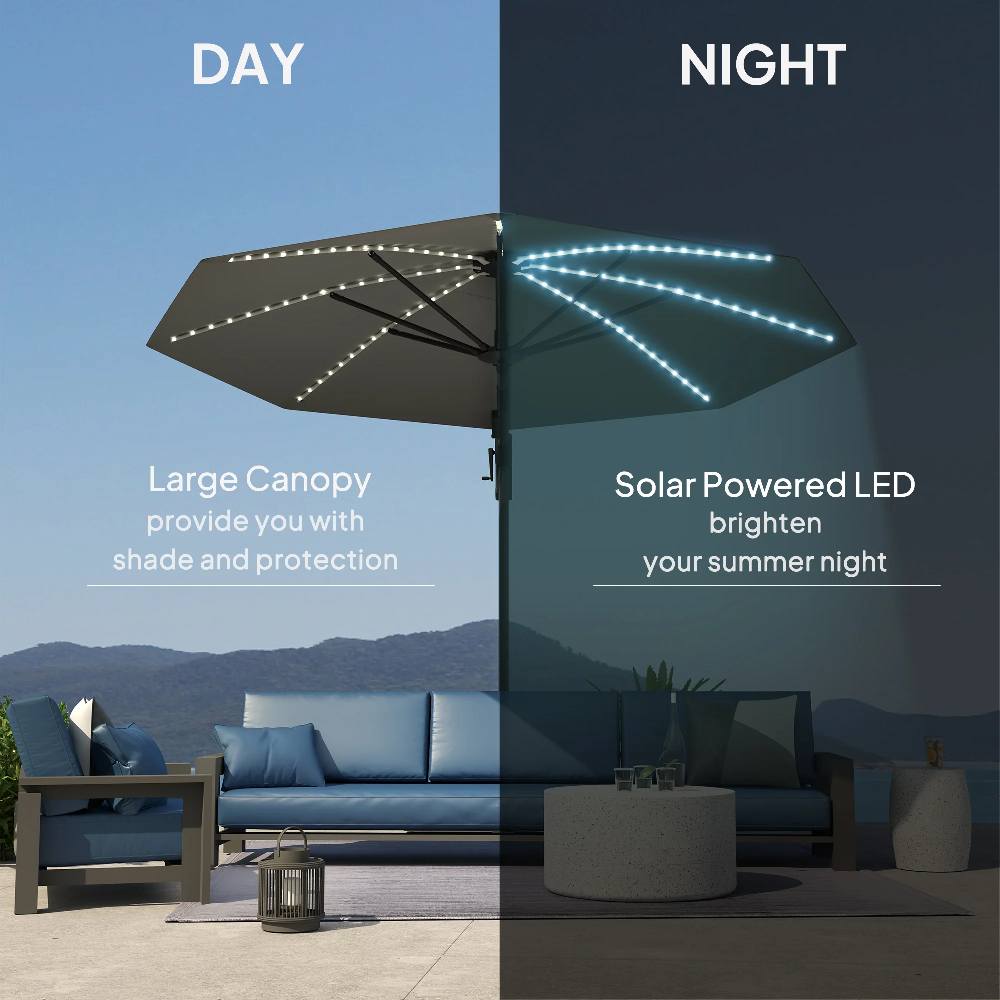 Outsunny 3(m) Garden Parasol w/ Lights, Crank Handle & Cross Base - Image 6