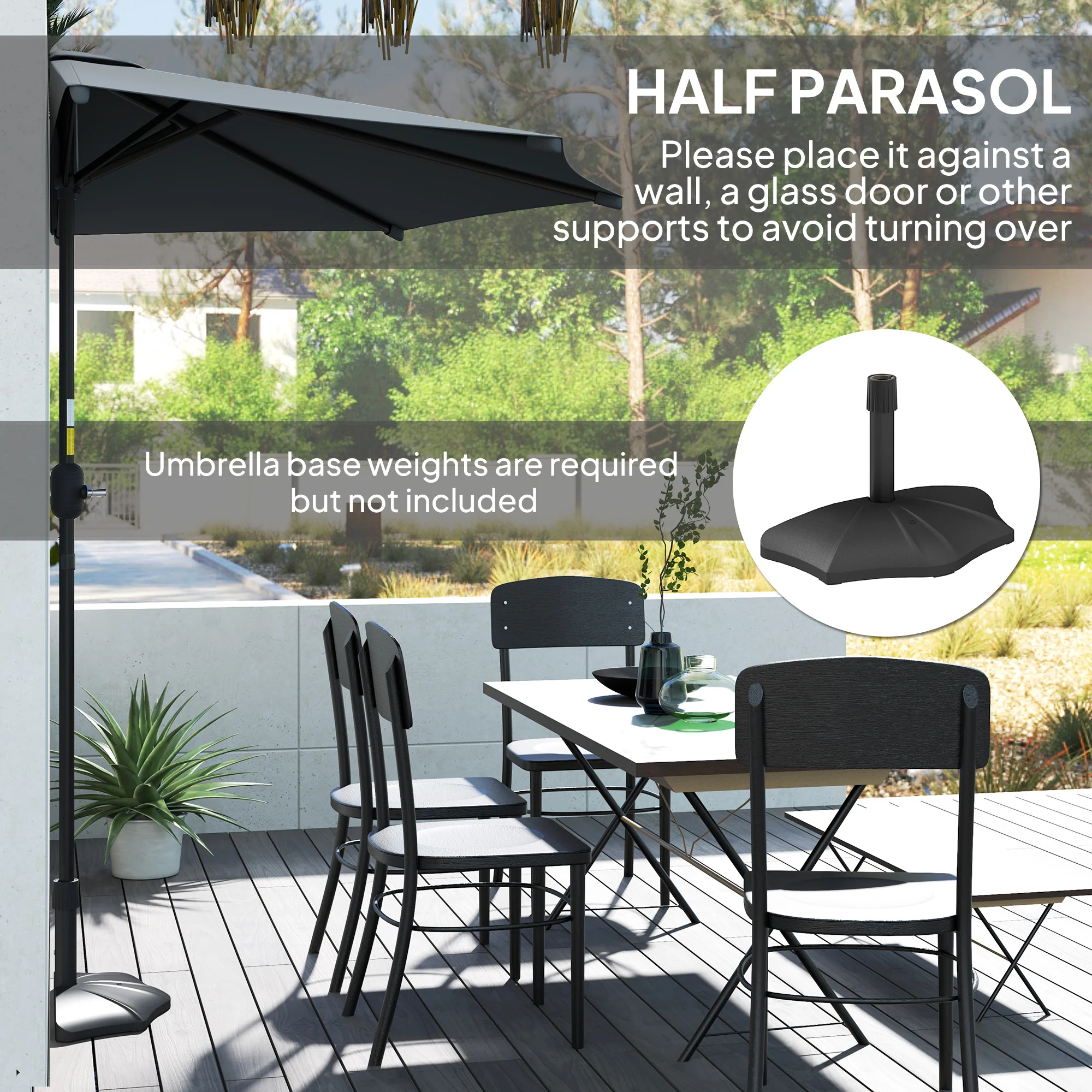 Outsunny 3(m) Half Round Parasol Garden Sun Umbrella w/ Crank Dark Grey - Image 7