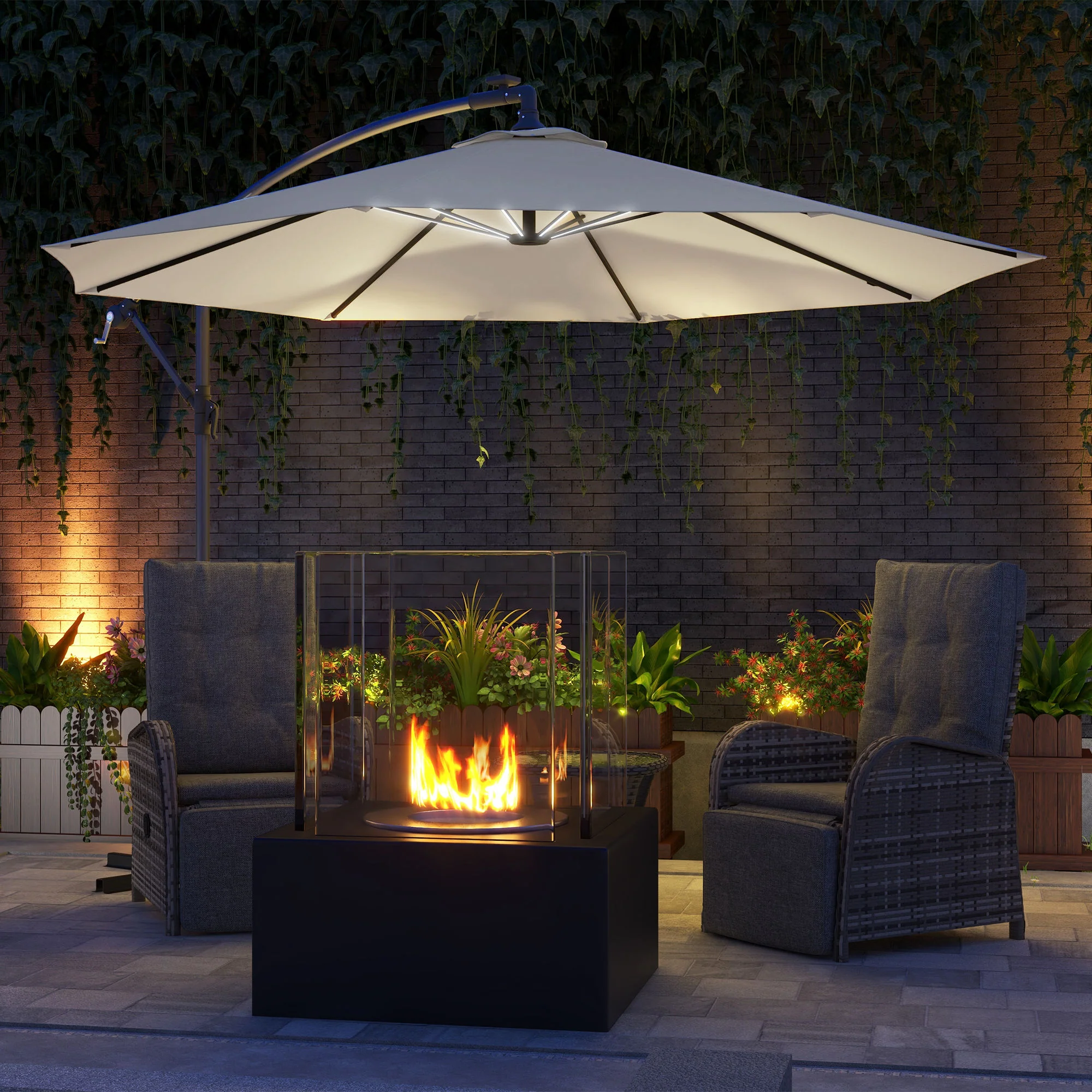 Outsunny 3(m) LED Patio Banana Umbrella Cantilever Parasol W/ Crank - Grey/Beige - Image 11