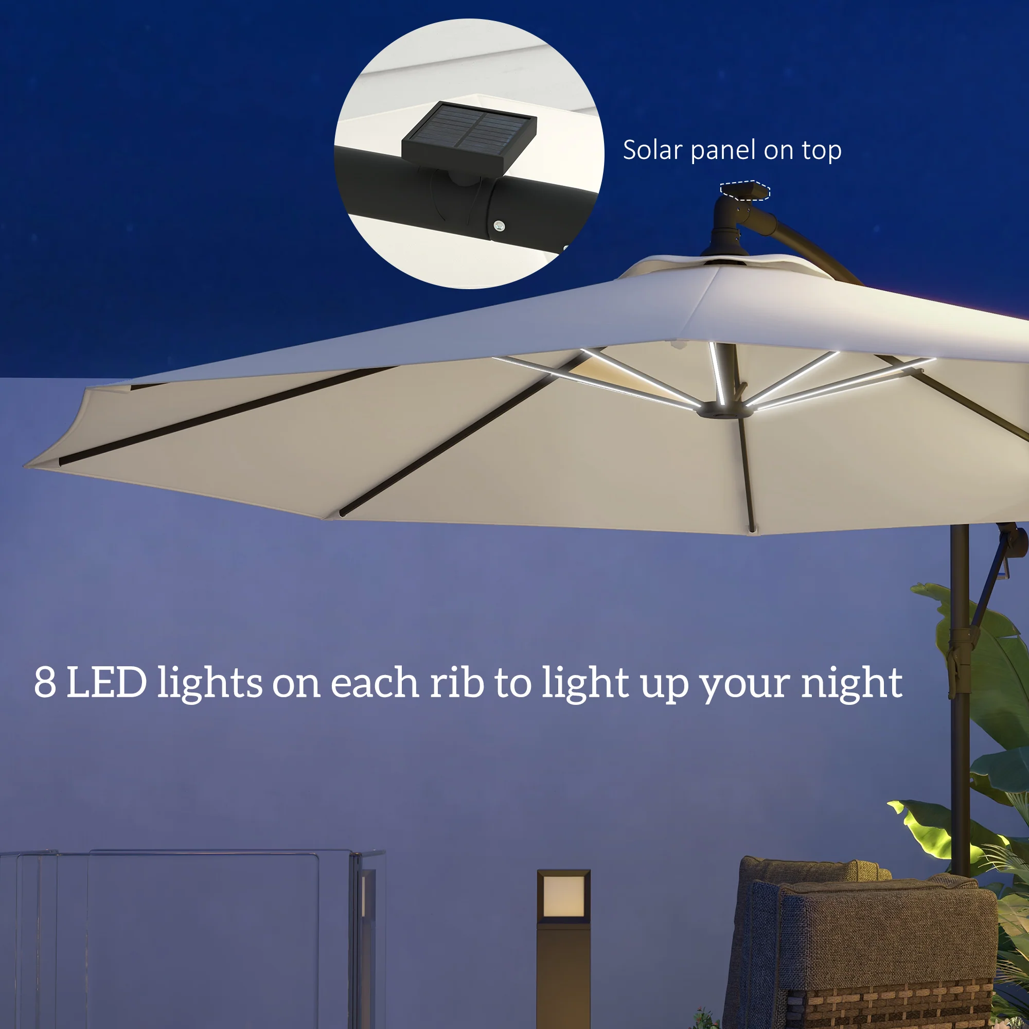 Outsunny 3(m) LED Patio Banana Umbrella Cantilever Parasol W/ Crank - Grey/Beige - Image 12