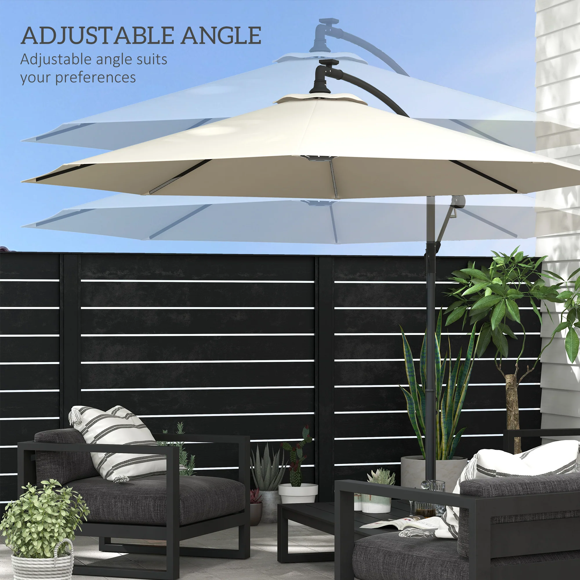 Outsunny 3(m) LED Patio Banana Umbrella Cantilever Parasol W/ Crank - Grey/Beige - Image 13