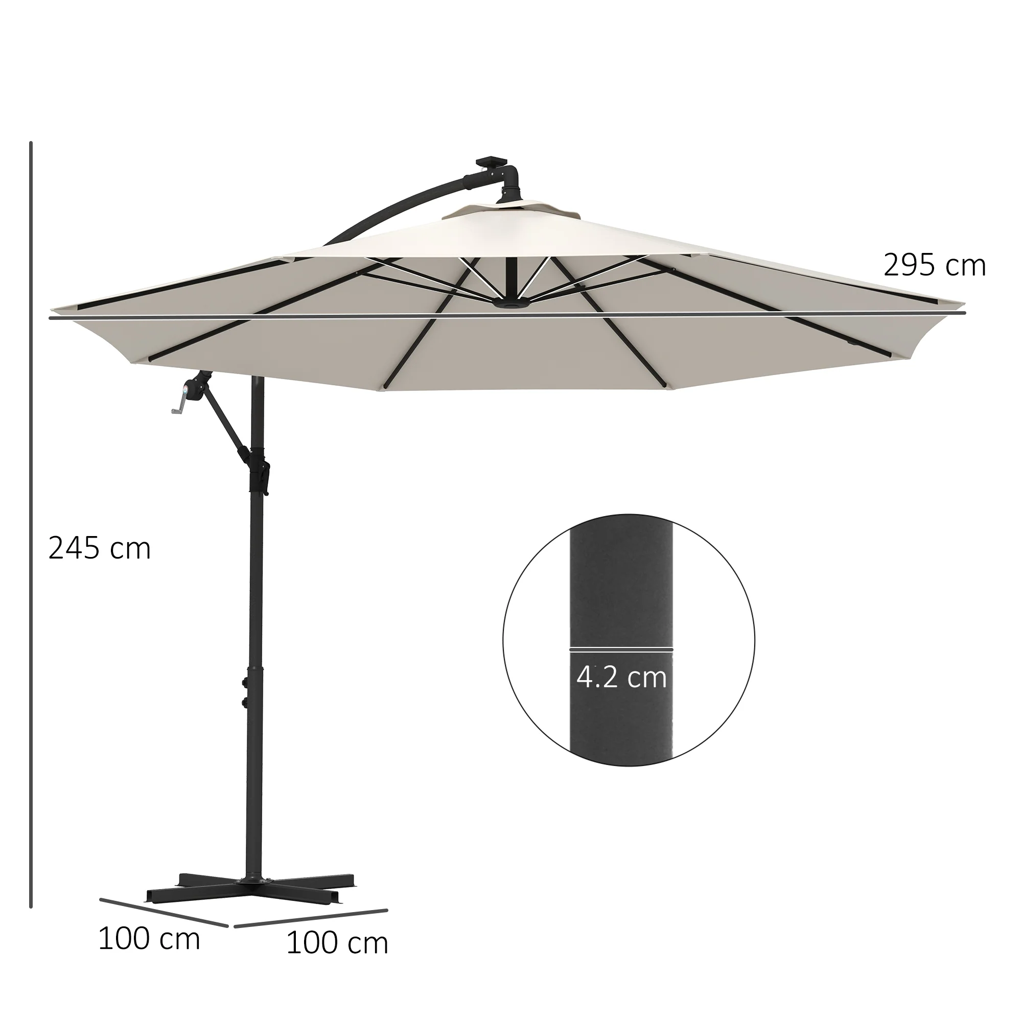 Outsunny 3(m) LED Patio Banana Umbrella Cantilever Parasol W/ Crank - Grey/Beige - Image 14