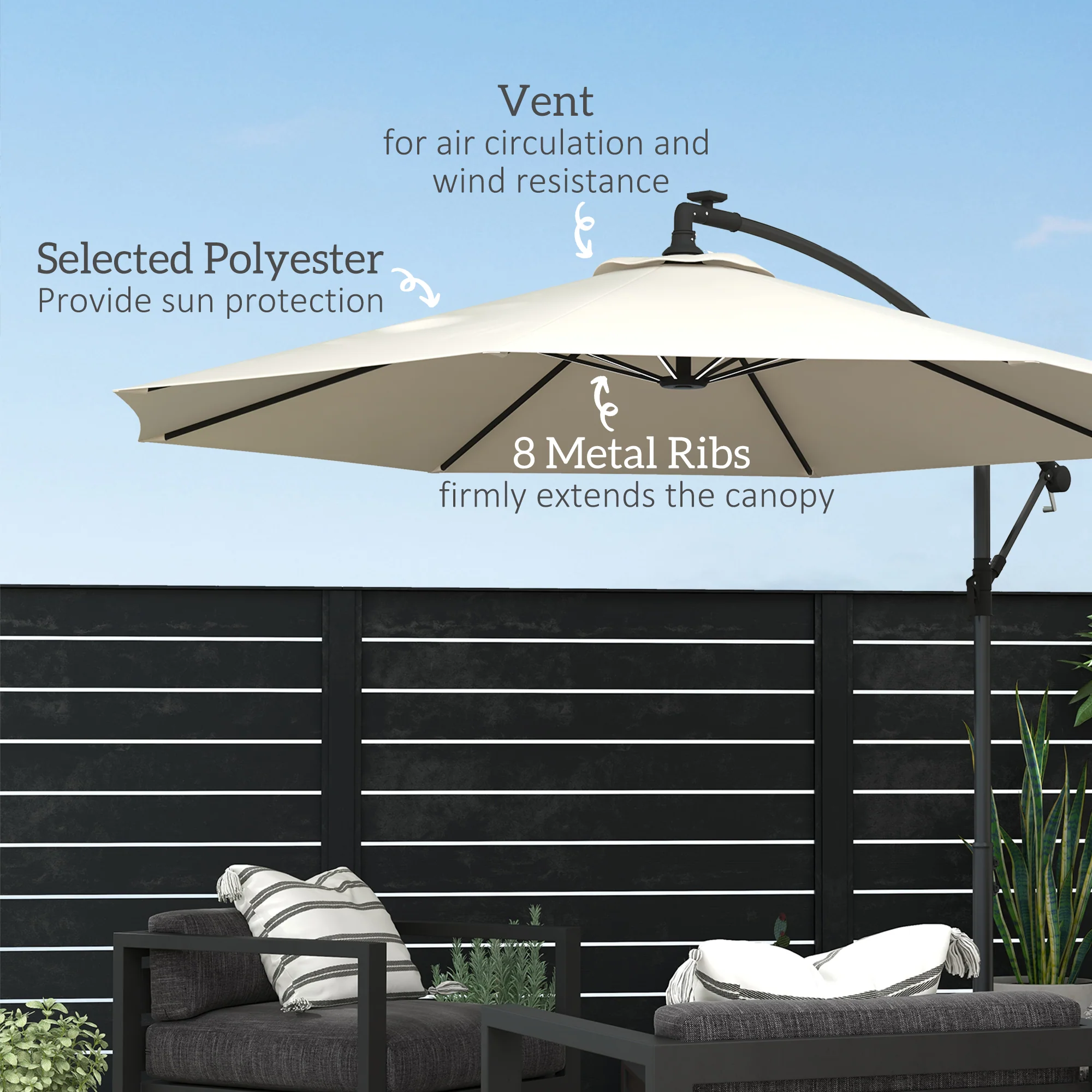 Outsunny 3(m) LED Patio Banana Umbrella Cantilever Parasol W/ Crank - Grey/Beige - Image 16