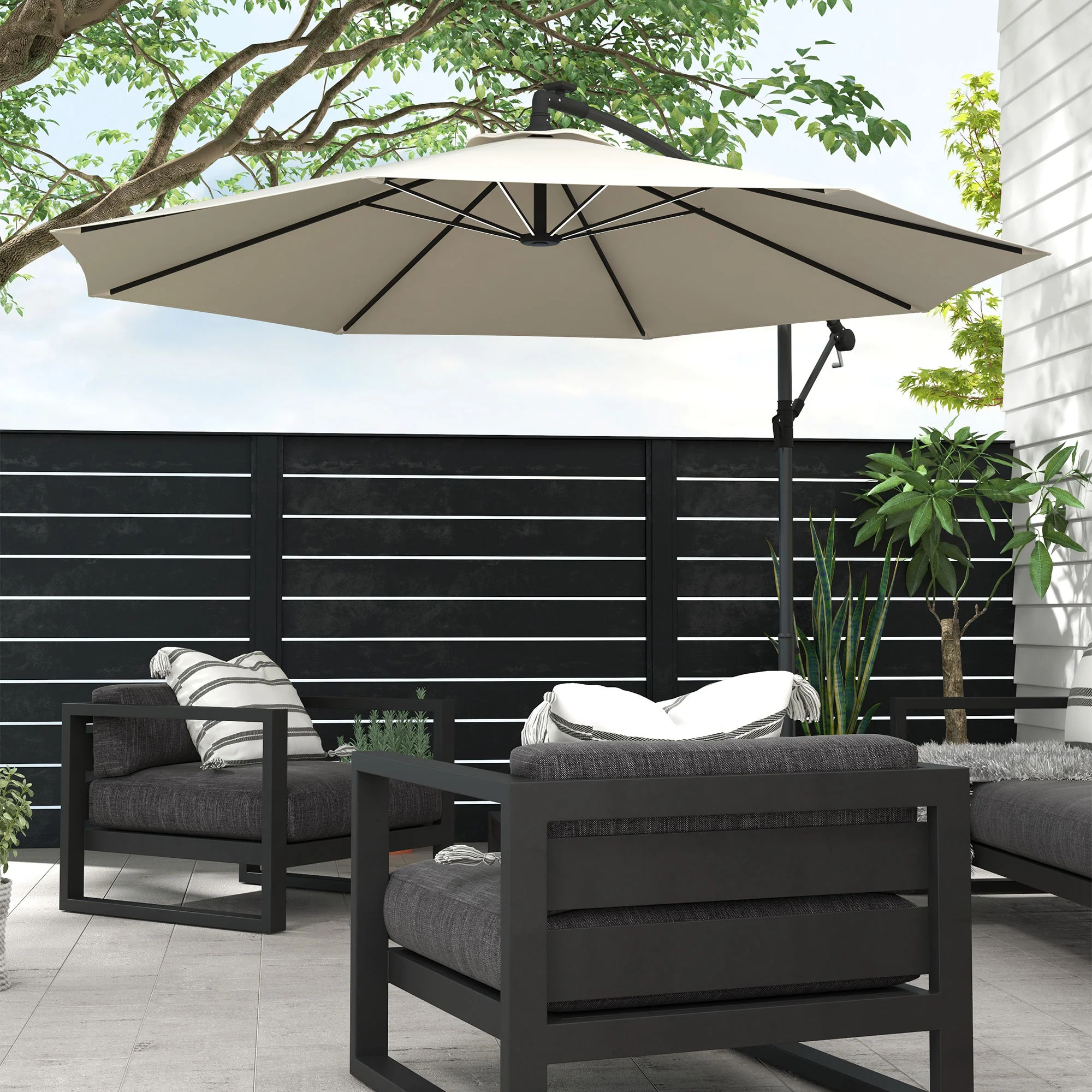 Outsunny 3(m) LED Patio Banana Umbrella Cantilever Parasol W/ Crank - Grey/Beige - Image 17