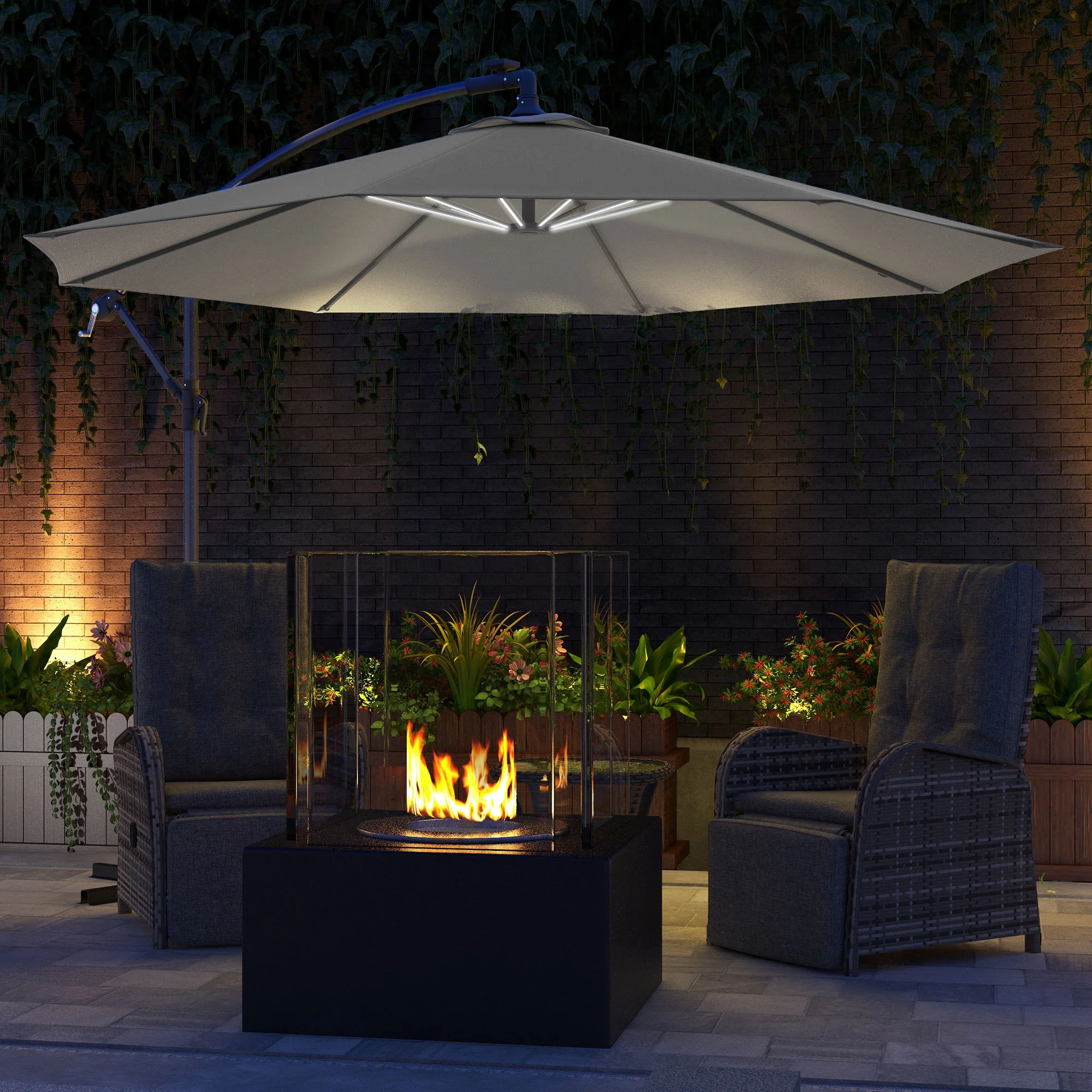 Outsunny 3(m) LED Patio Banana Umbrella Cantilever Parasol W/ Crank - Grey/Beige - Image 2
