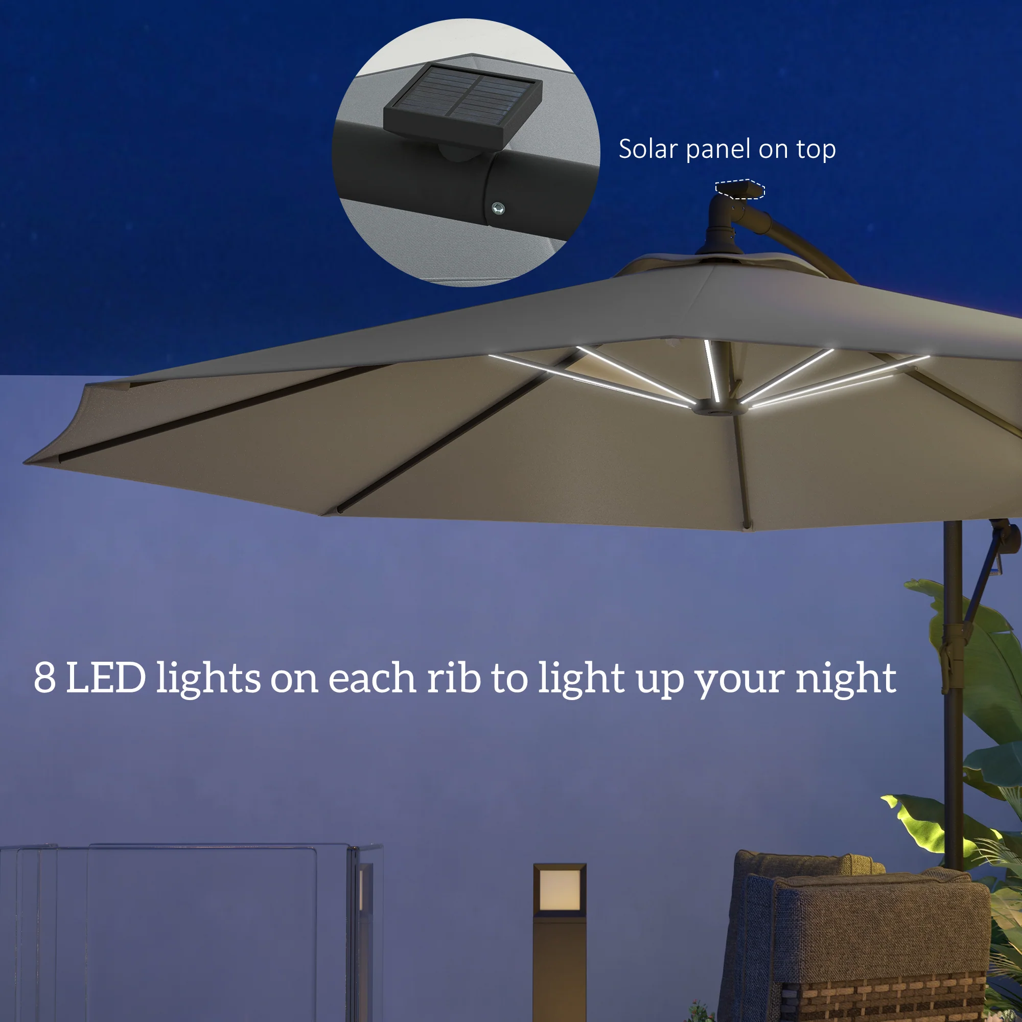 Outsunny 3(m) LED Patio Banana Umbrella Cantilever Parasol W/ Crank - Grey/Beige - Image 3