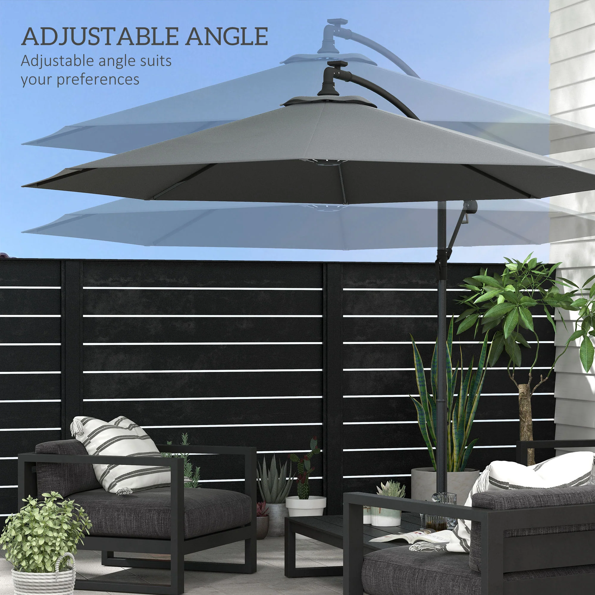 Outsunny 3(m) LED Patio Banana Umbrella Cantilever Parasol W/ Crank - Grey/Beige - Image 4