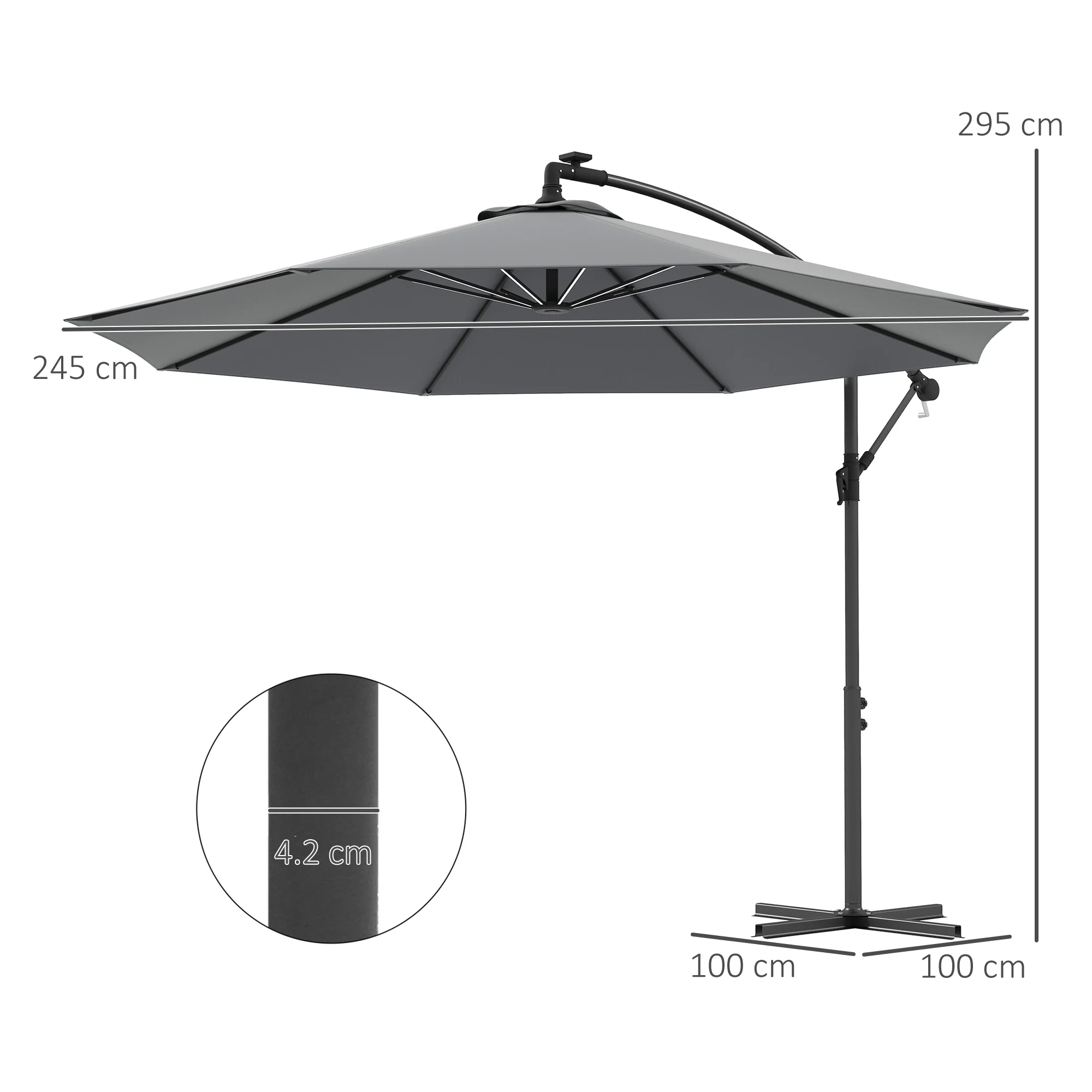 Outsunny 3(m) LED Patio Banana Umbrella Cantilever Parasol W/ Crank - Grey/Beige - Image 5